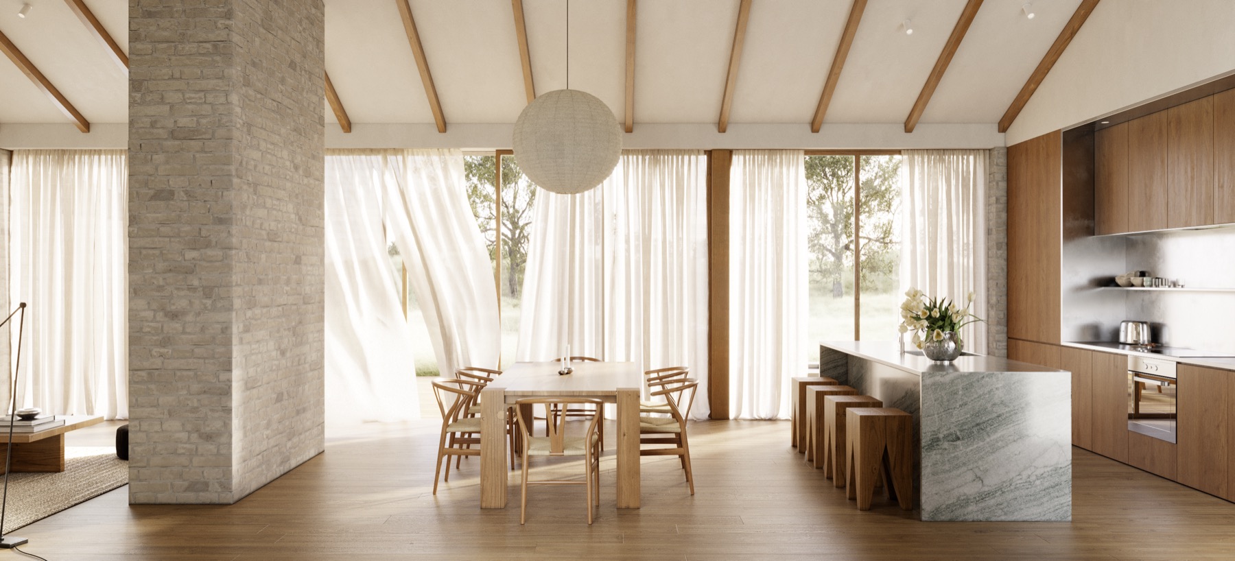 House in Moscow — dining room with brick column and sheer curtains in the breeze
