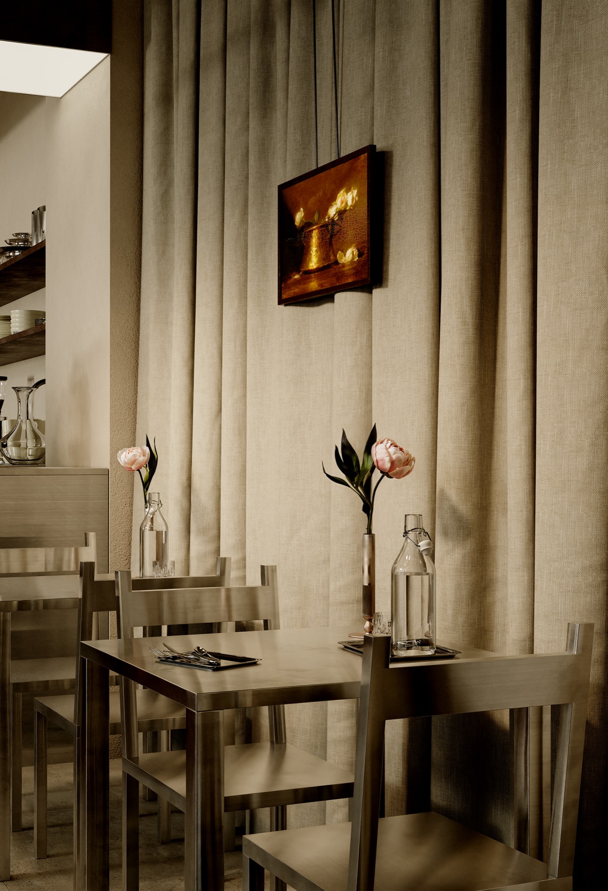 Cafe Table, Astana — dining tables against a linen curtain wall