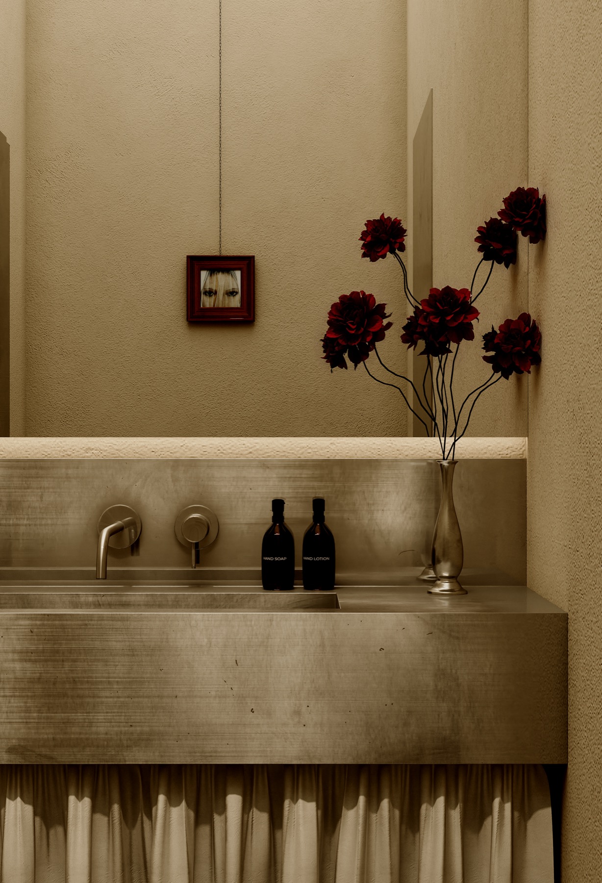Cafe Table, Astana — washroom, steel vanity with linen curtain