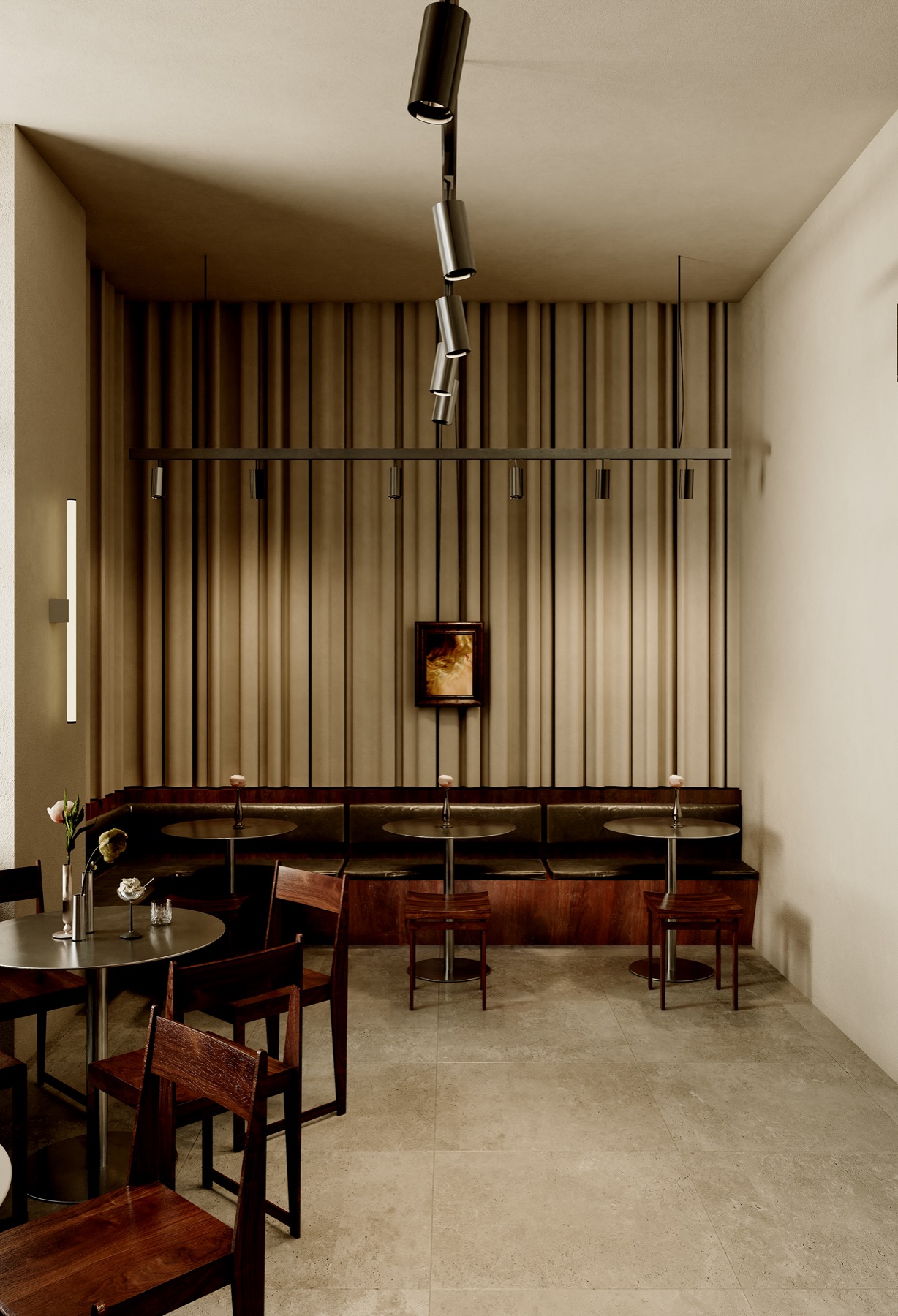 Cafe Table, Astana — banquette seating against a fluted timber wall