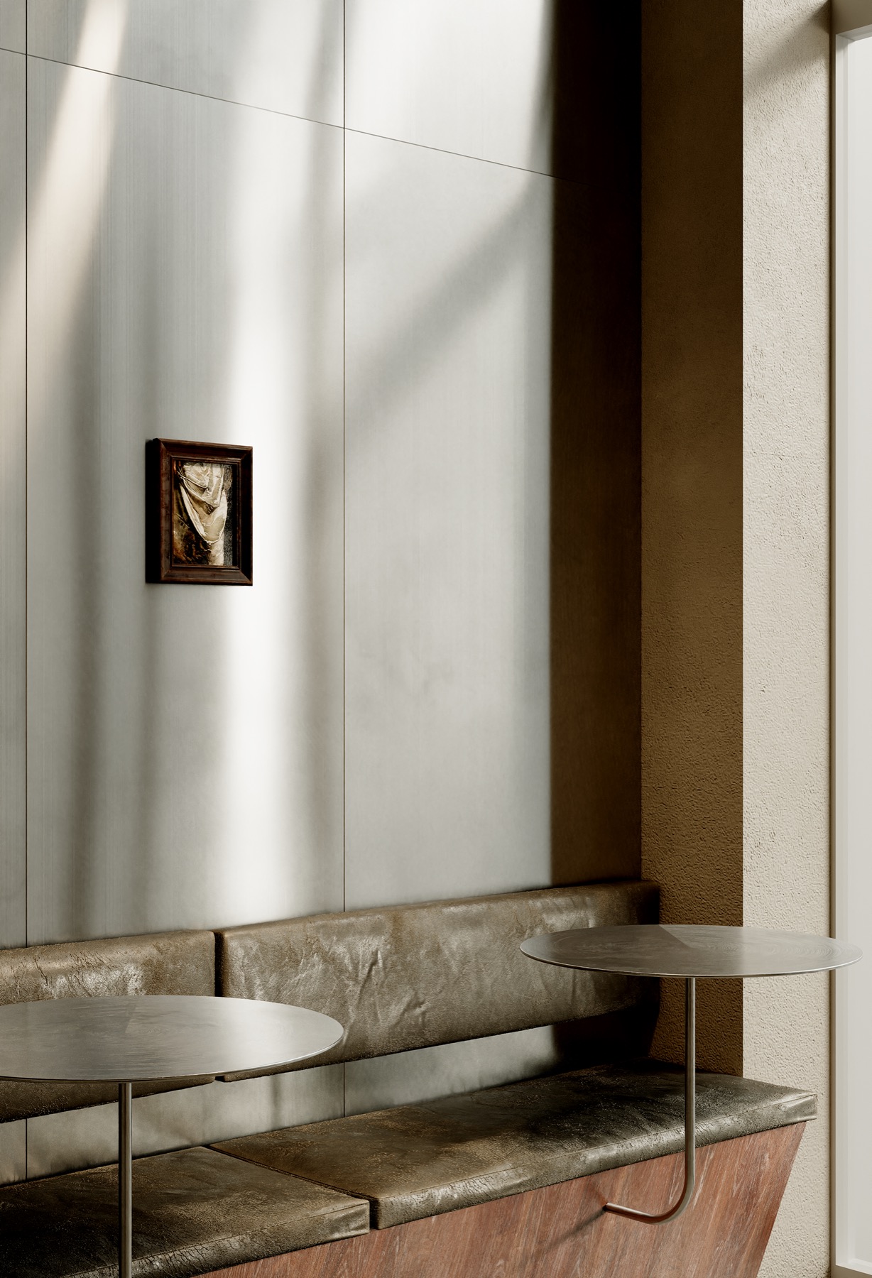 Cafe Table, Astana — brushed steel wall and curved bench seating