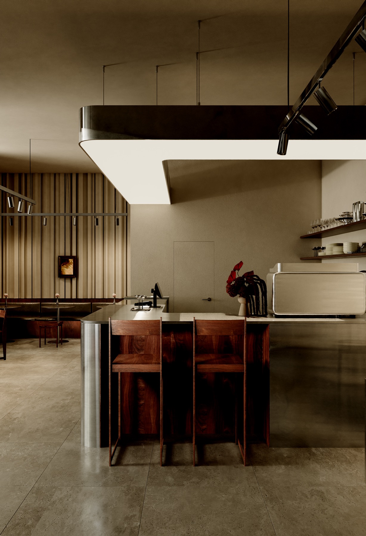 Cafe Table, Astana — kitchen island with pendant light and espresso machine