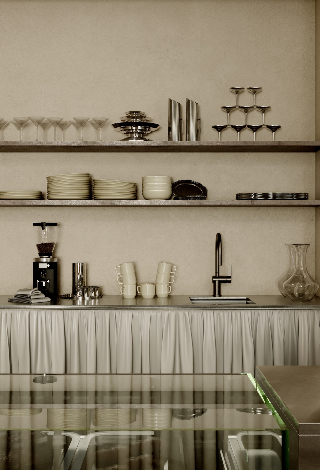 Cafe Table, Astana — open shelving with glassware and ceramics
