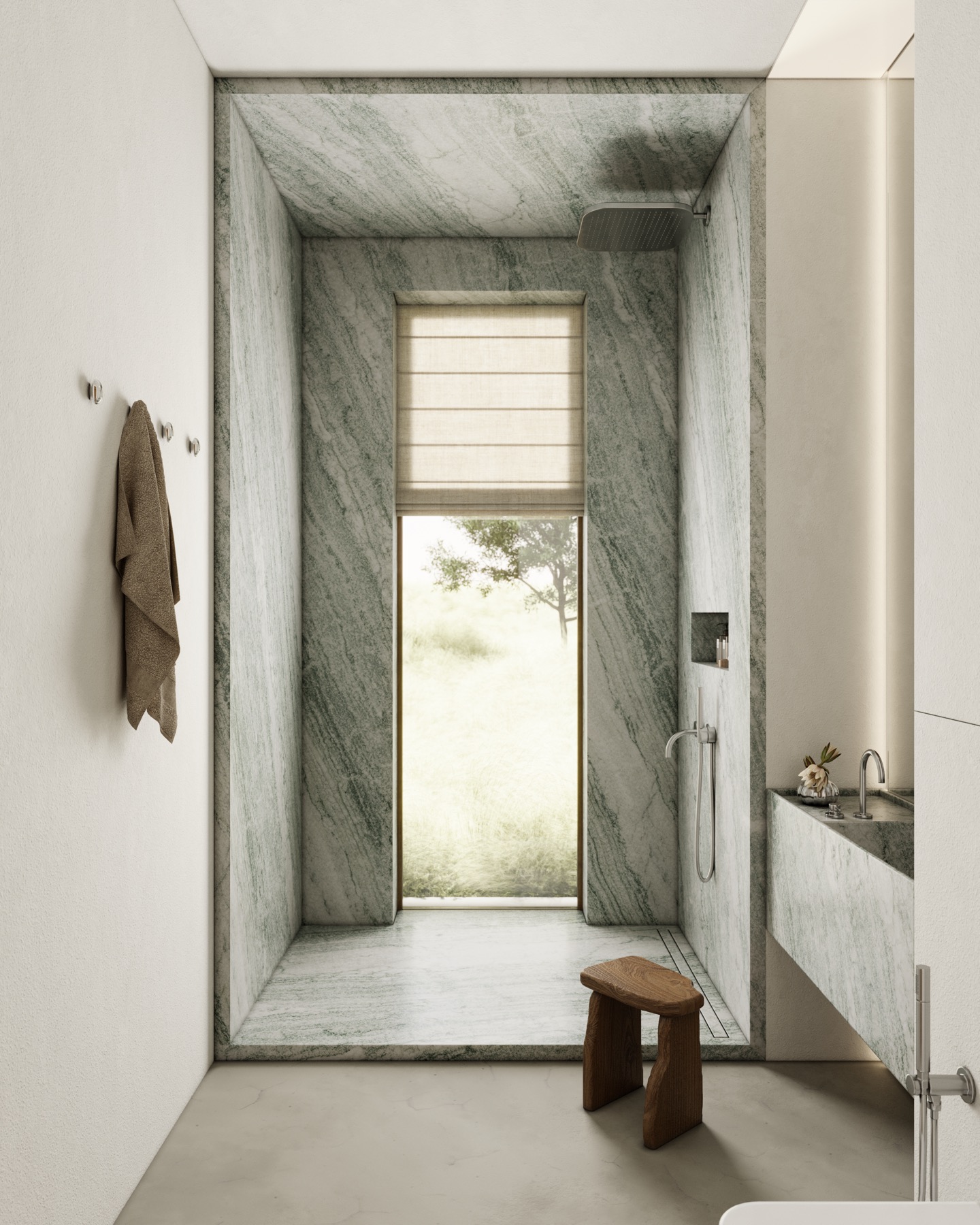 House in Moscow — green marble shower nook with a garden view
