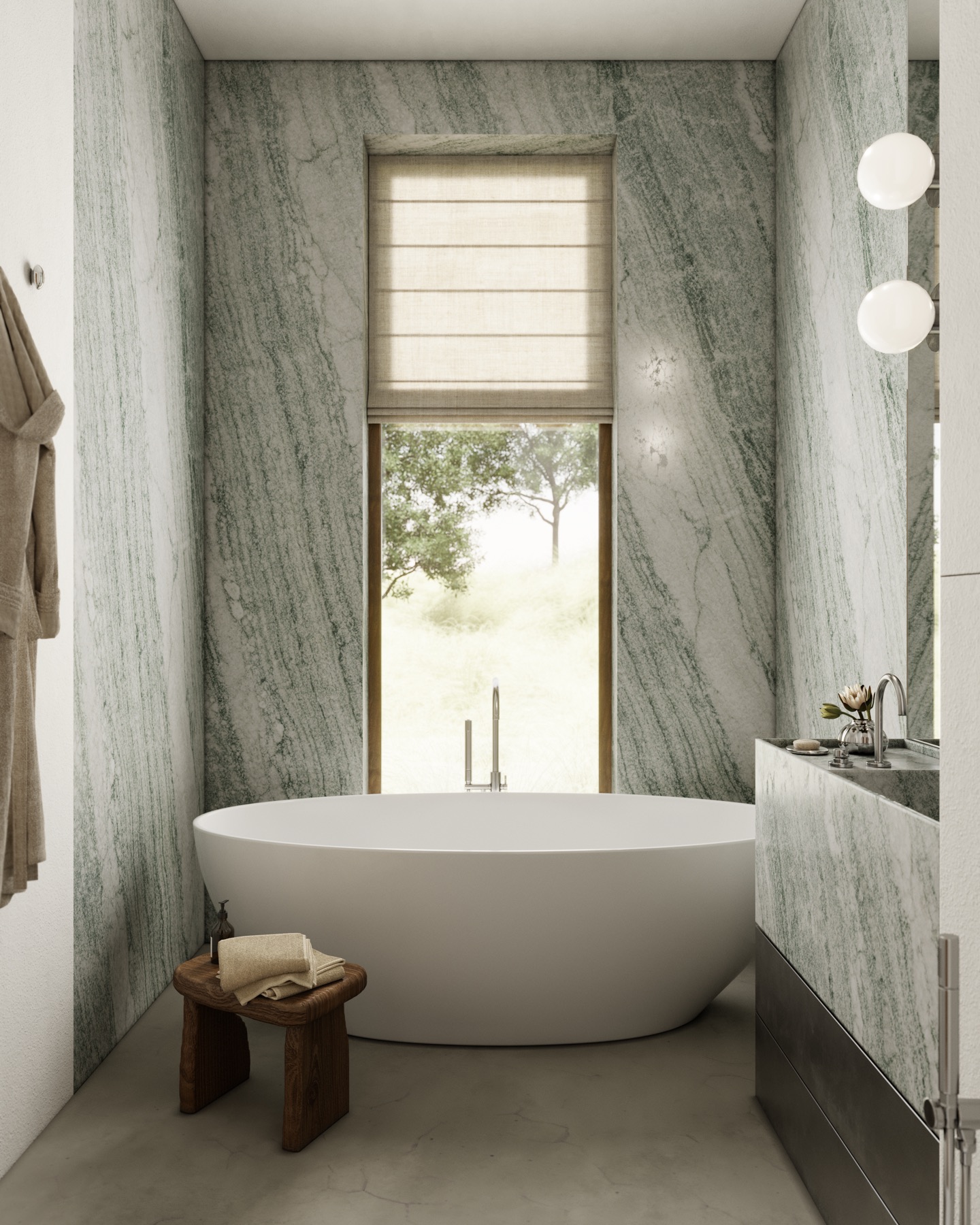 House in Moscow — freestanding bathtub beneath a green marble window