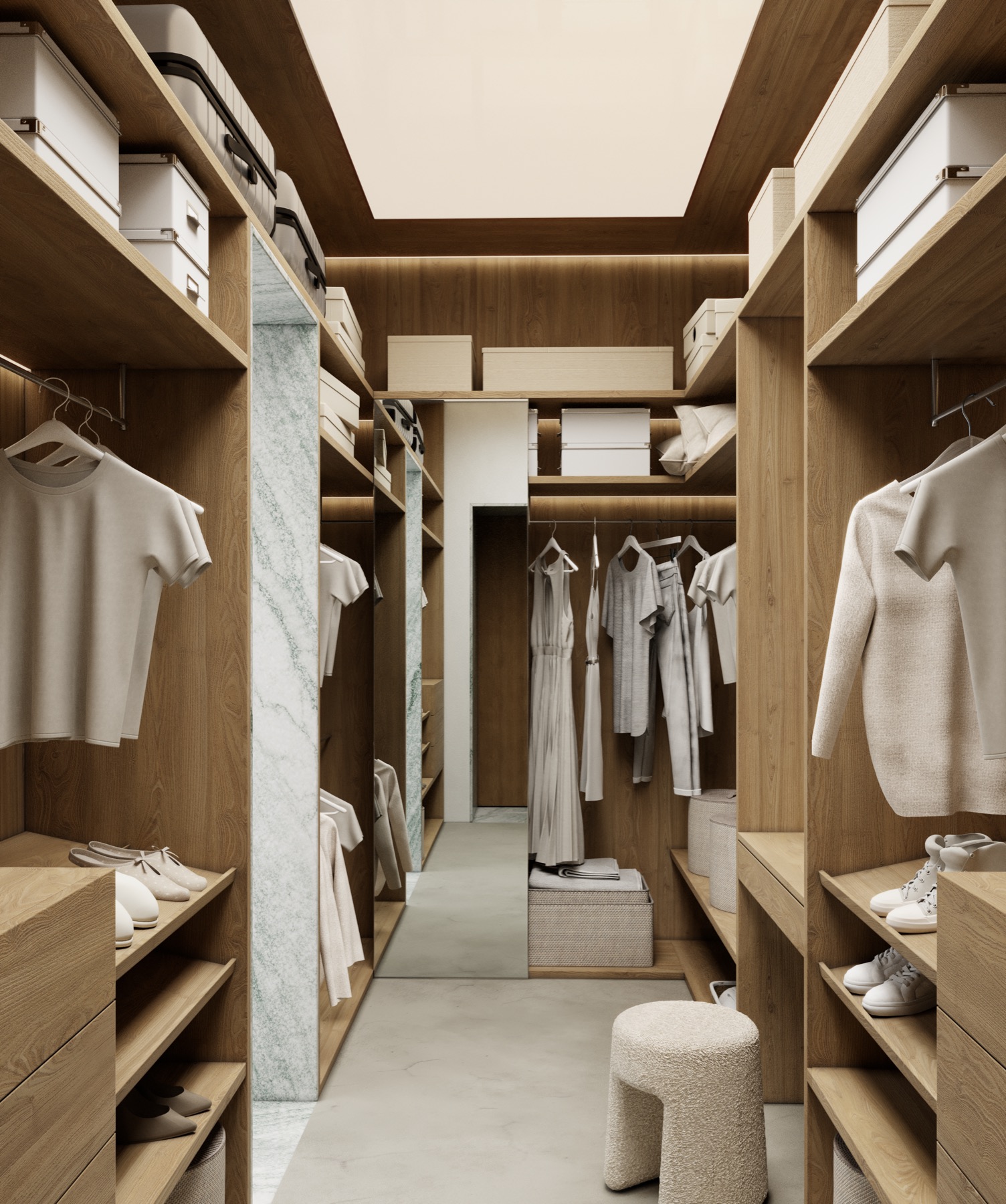 House in Moscow — walk-in closet with marble columns and mirror