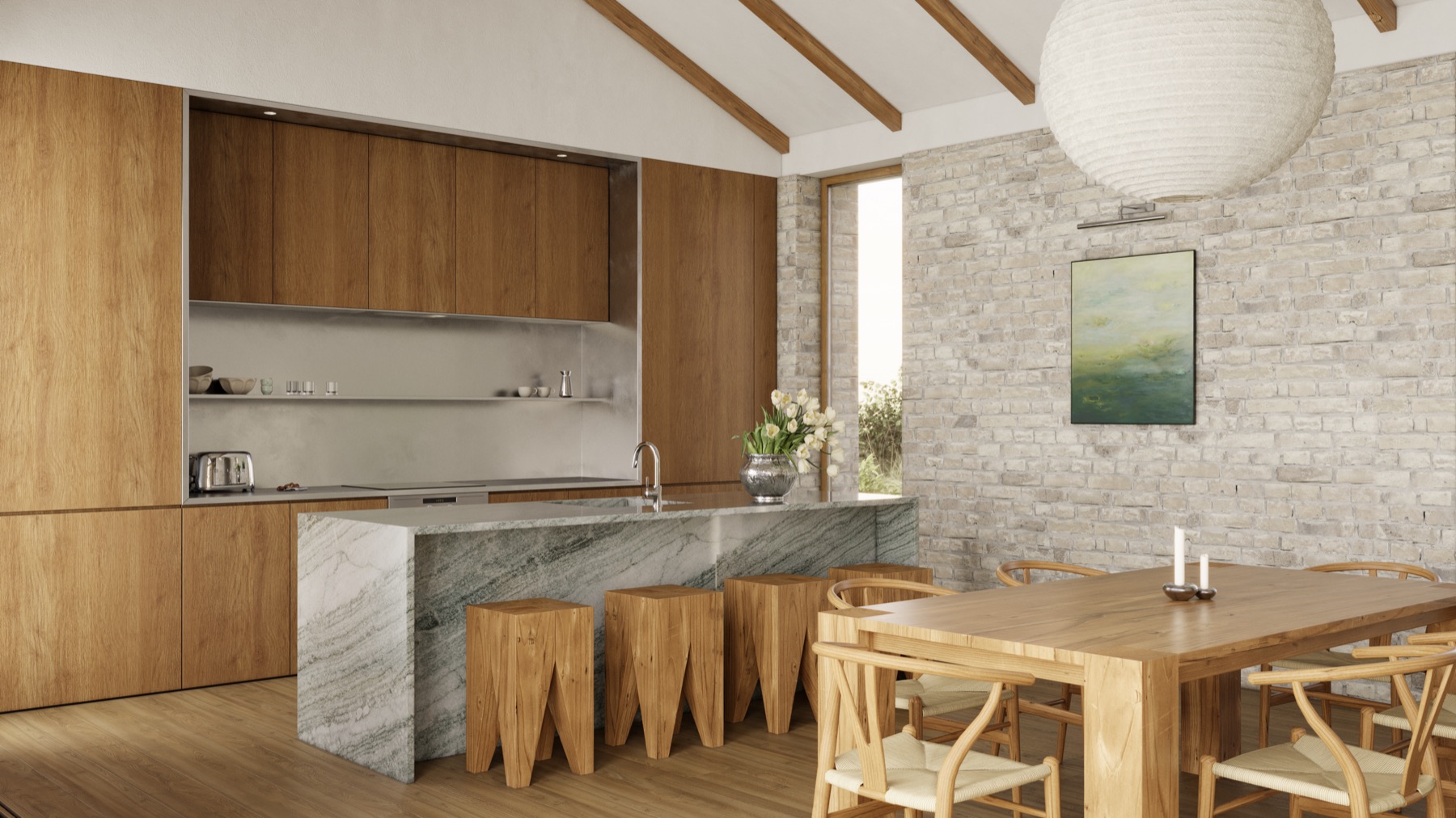 House in Moscow — kitchen island with dining table and brick wall