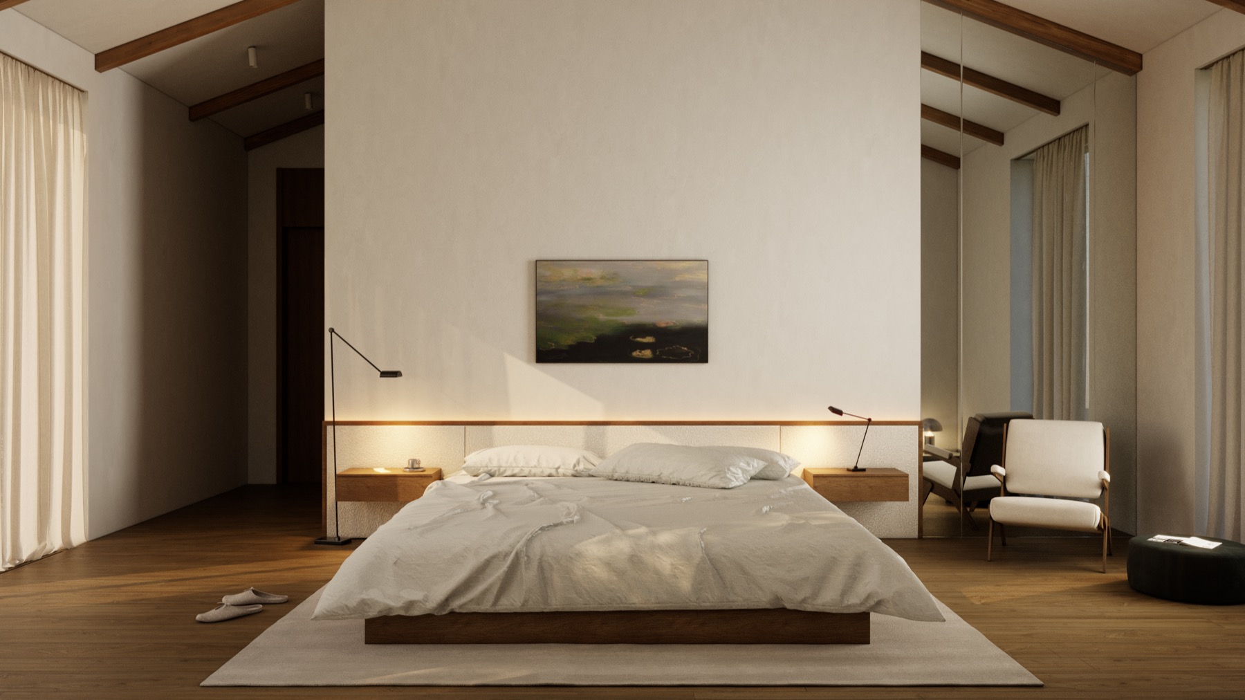 House in Moscow — primary bedroom with abstract painting above the bed