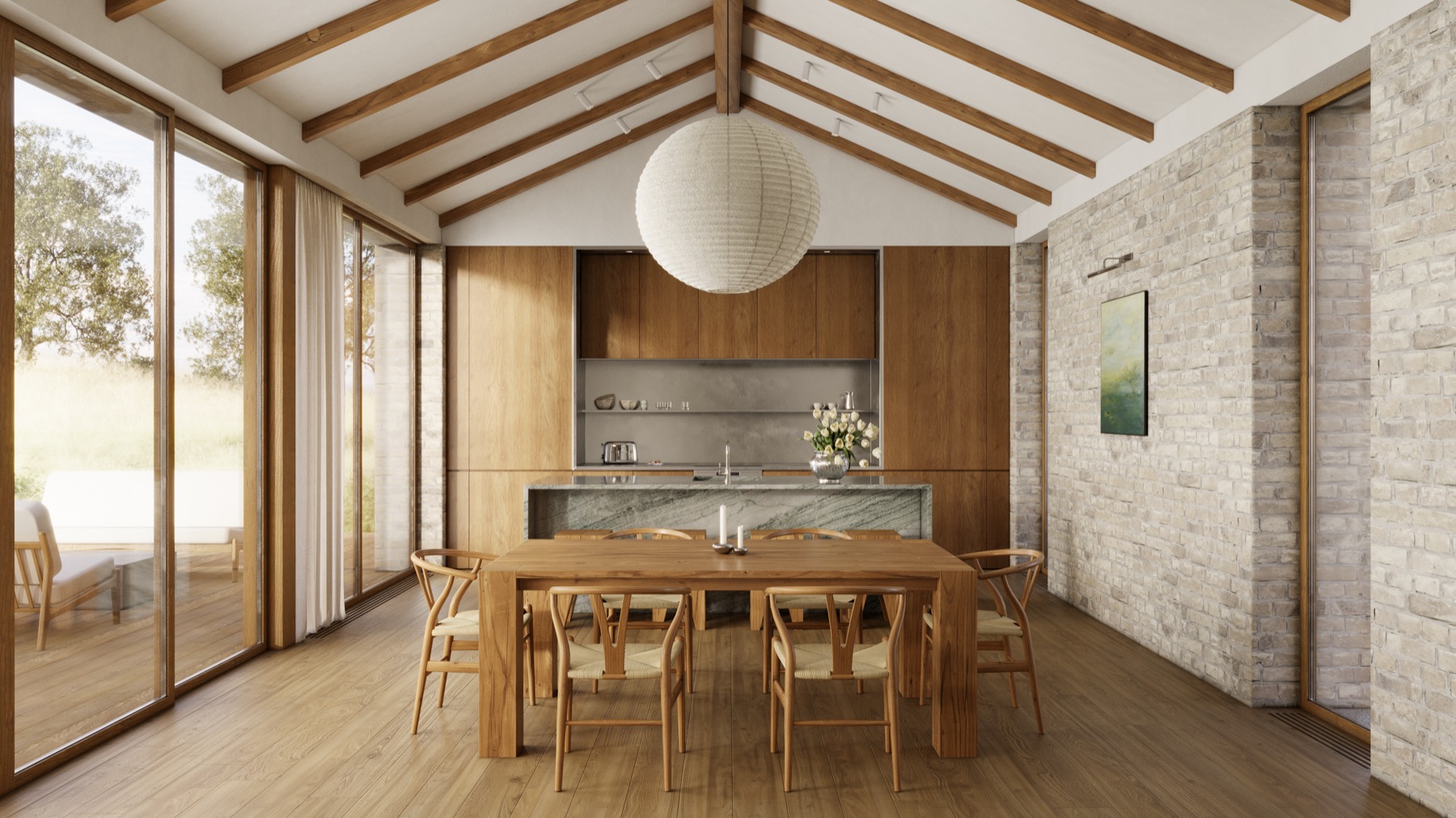 House in Moscow — dining and kitchen under a vaulted timber ceiling