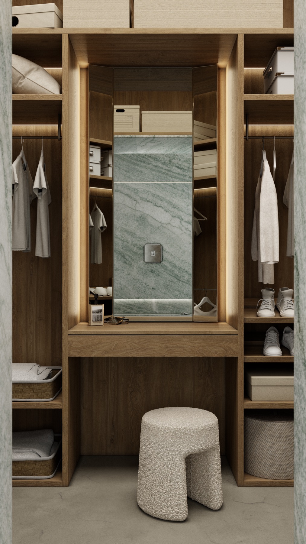 House in Moscow — vanity nook with backlit marble mirror