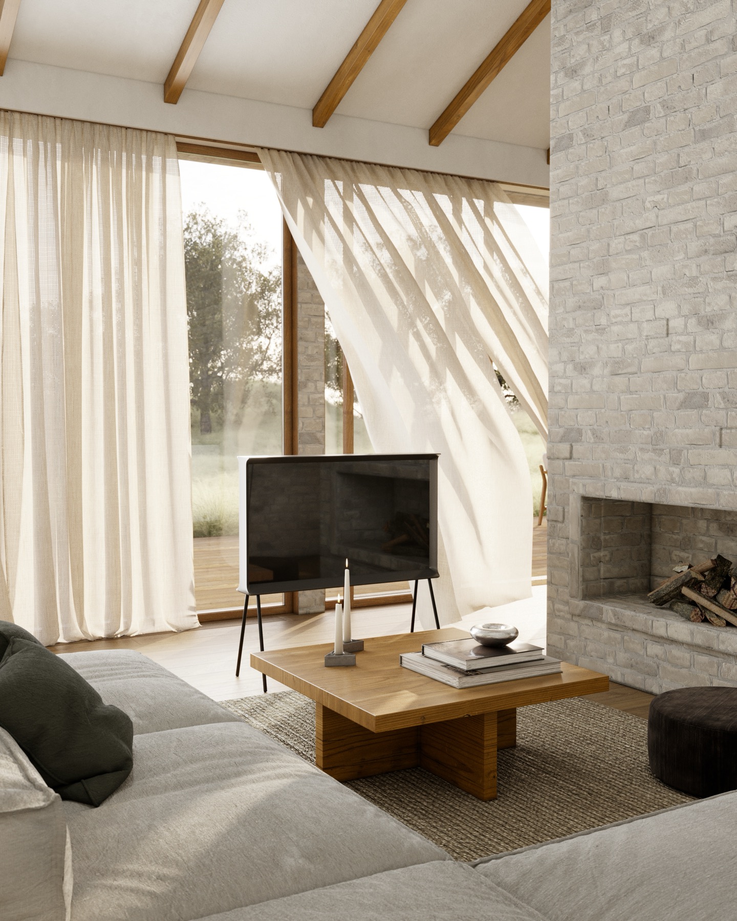 House in Moscow — living room with television and brick fireplace