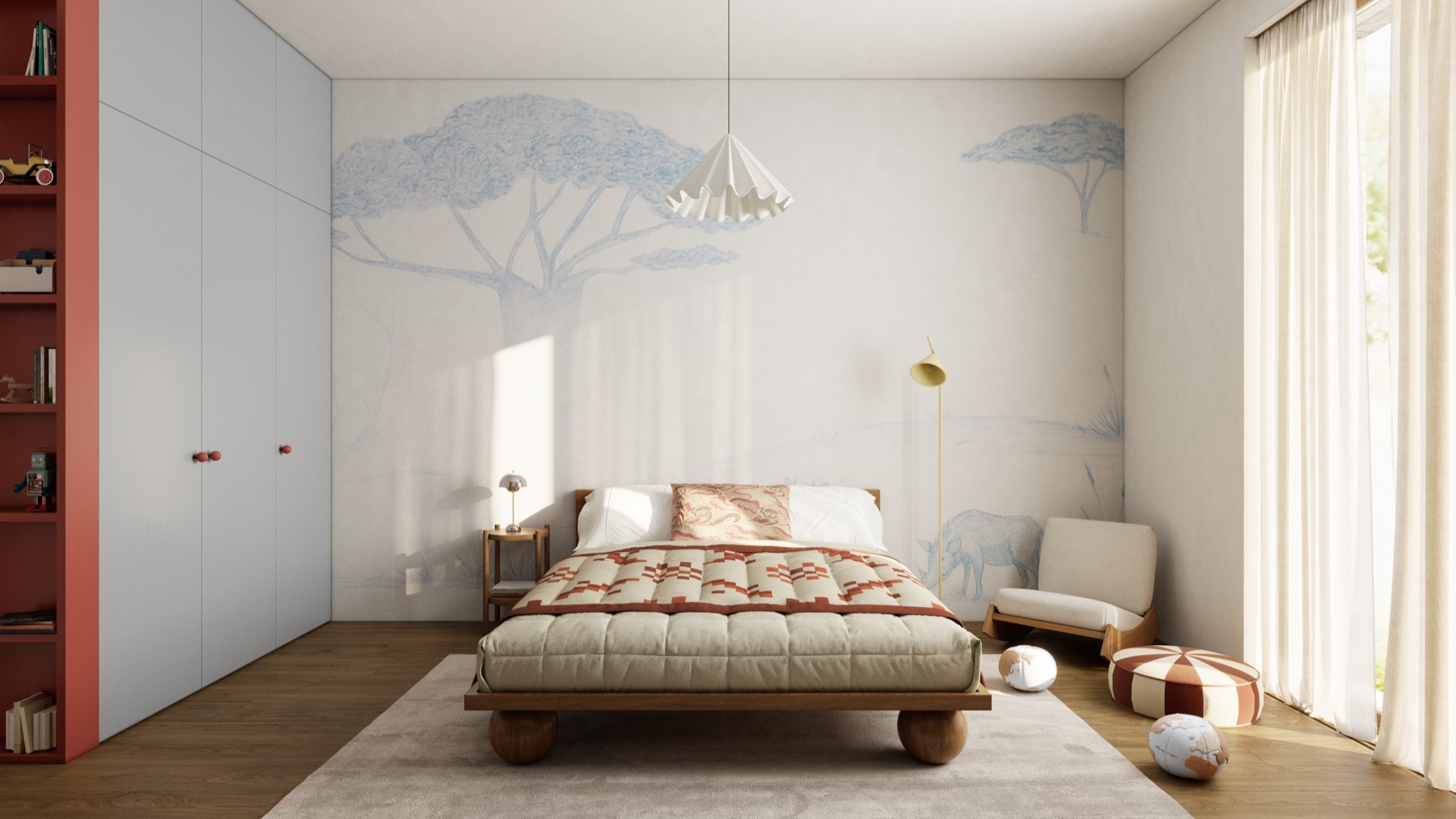 House in Moscow — children's bedroom with a hand-painted savanna mural
