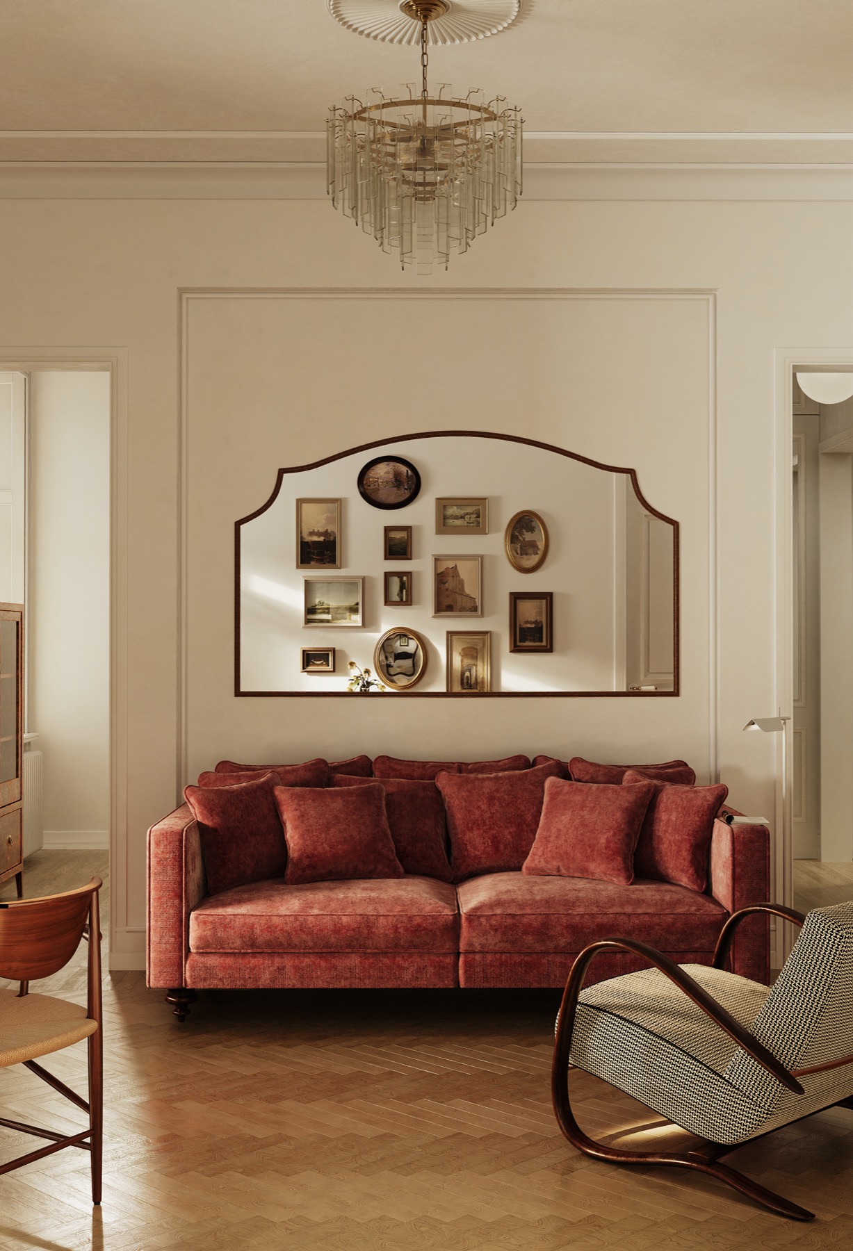 Apartment in Moscow — living room with velvet sofa beneath an arched gallery mirror