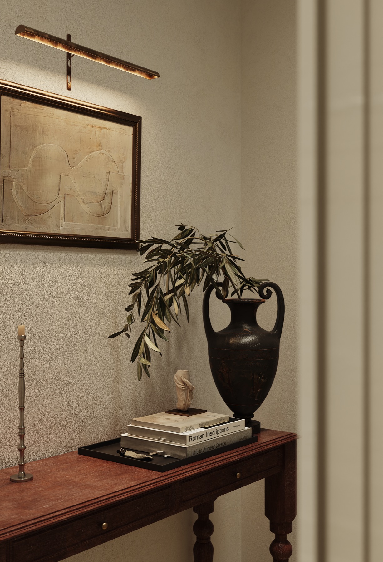 Apartment in Moscow — entry console table with olive branch and antique vase