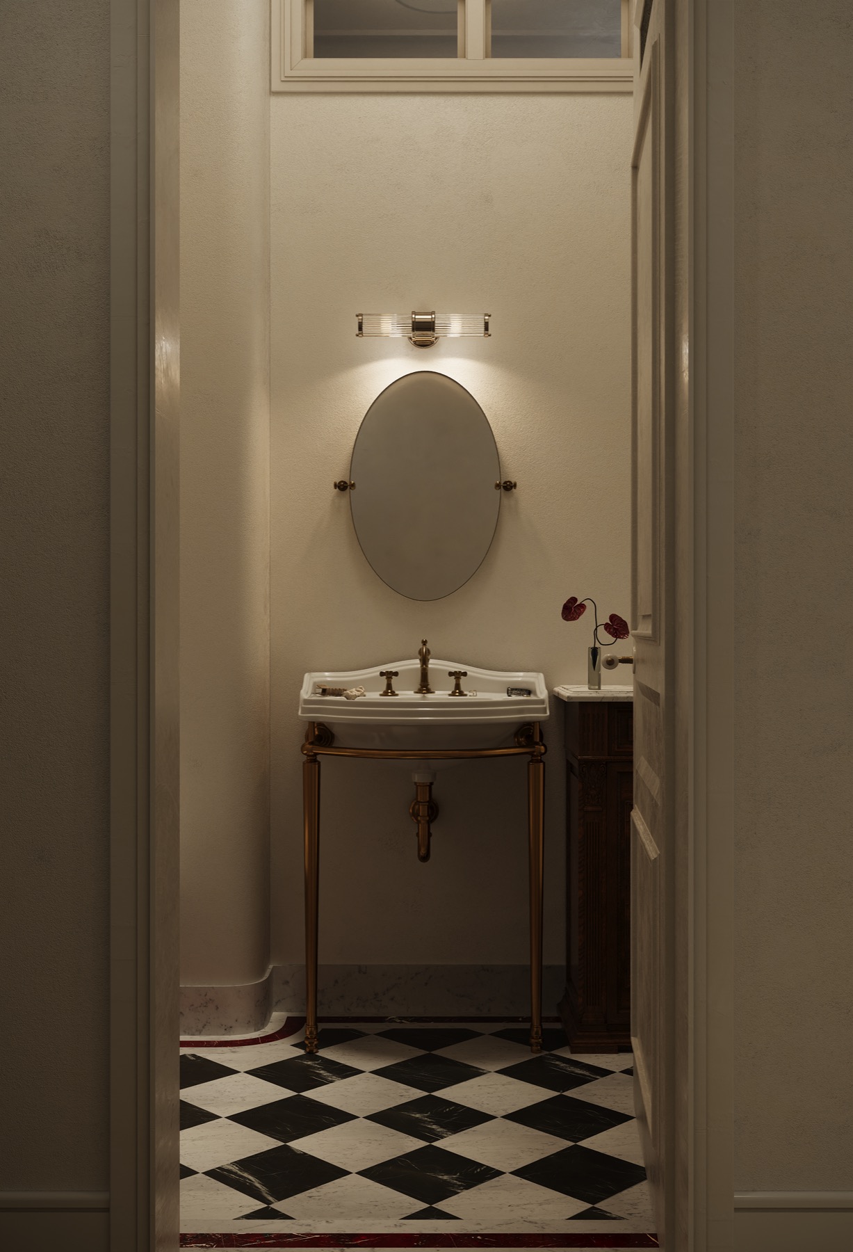 Apartment in Moscow — powder room with checkerboard floor