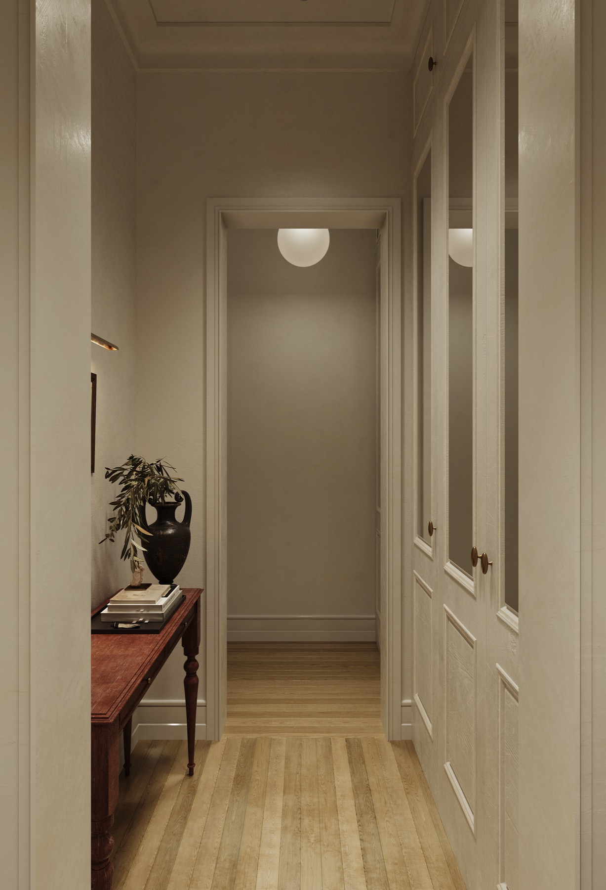 Apartment in Moscow — hallway with glass pendant lights and mirrored doors