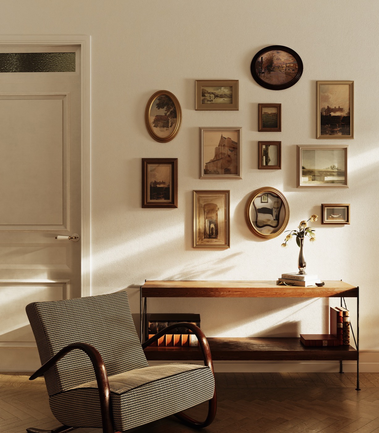 Apartment in Moscow — gallery wall detail with vintage rocking chair