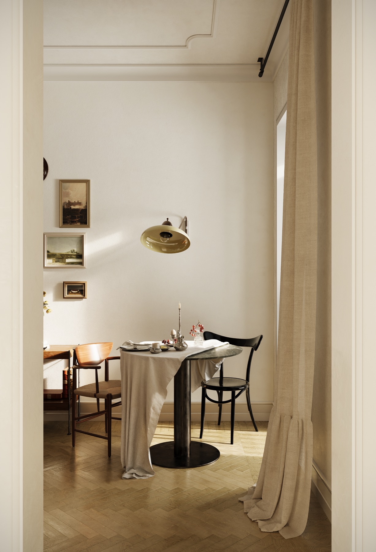 Apartment in Moscow — dining nook behind a linen curtain