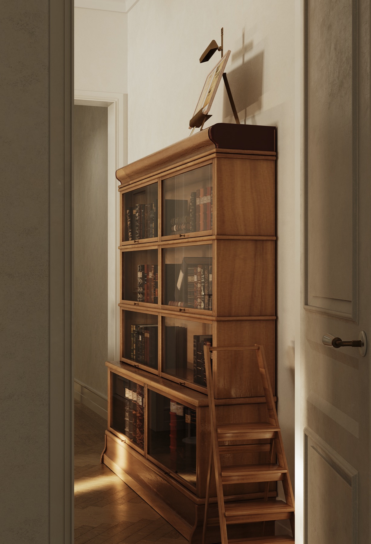 Apartment in Moscow — antique glass-front bookshelf with library ladder