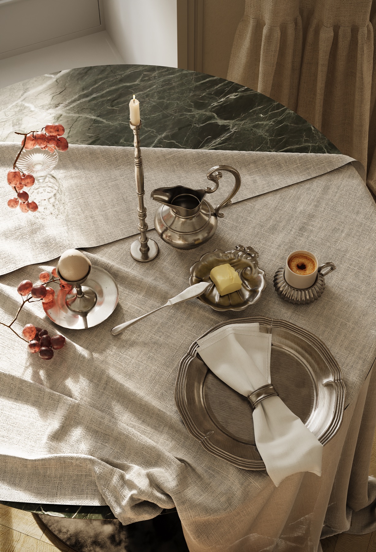 Apartment in Moscow — table setting with pewter and silver