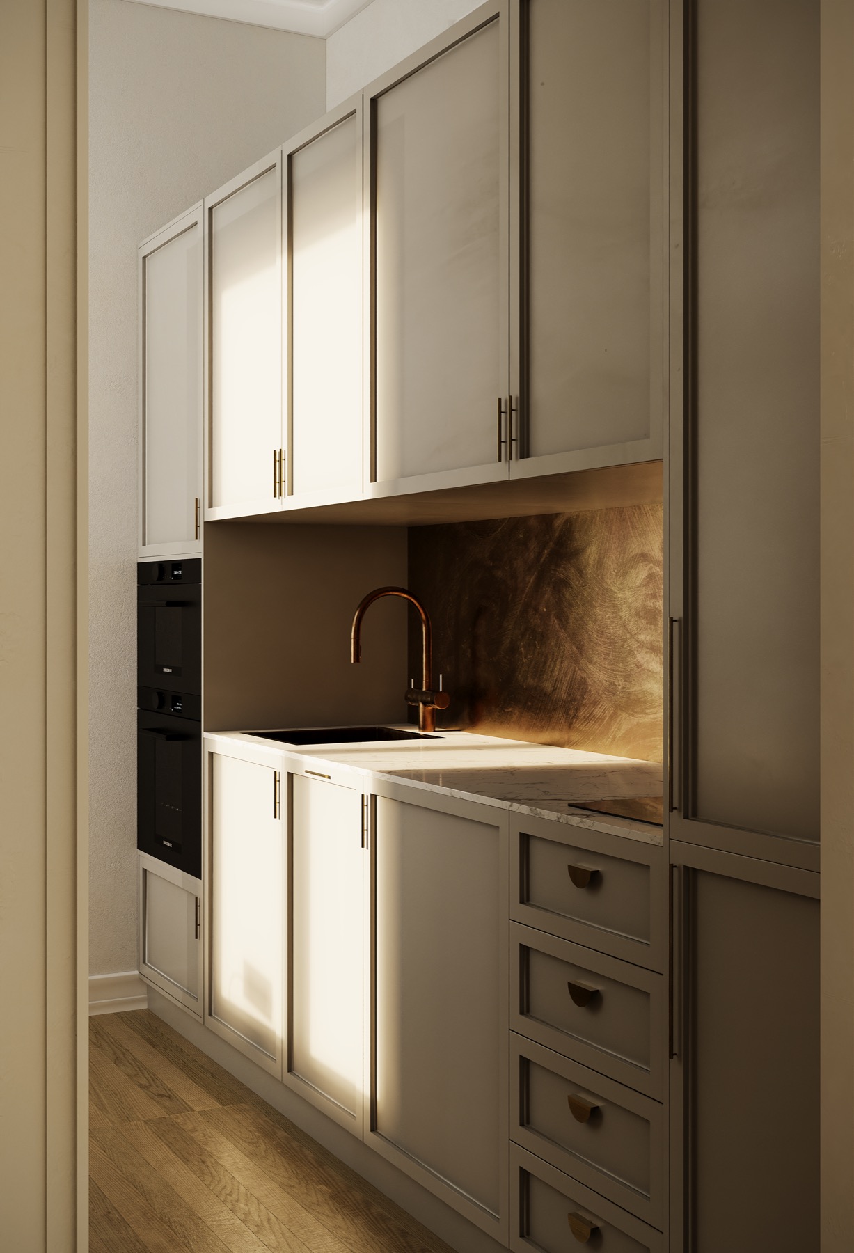 Apartment in Moscow — kitchen with cream cabinetry and brass backsplash