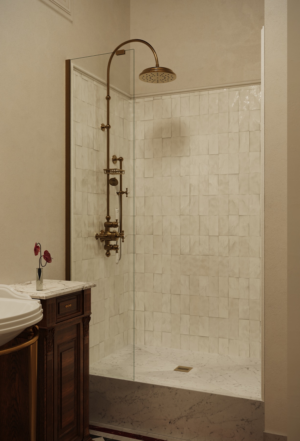 Apartment in Moscow — bathroom with brass shower fixtures