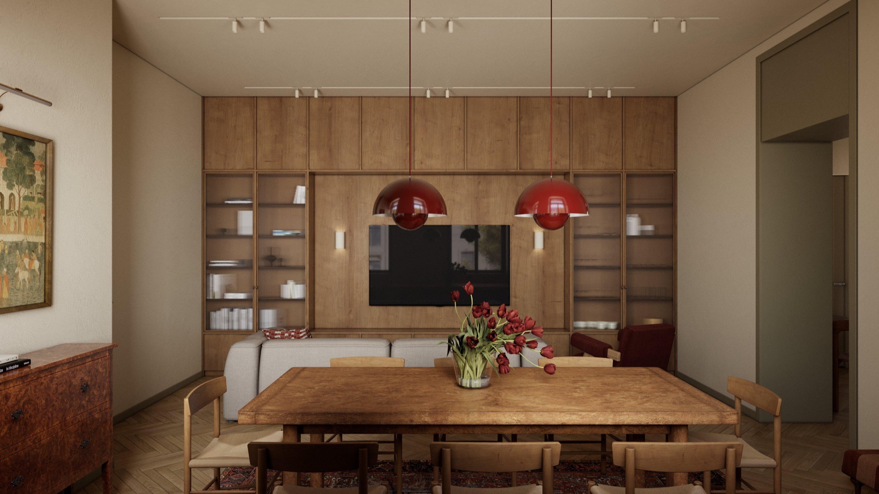 Apartment in Gyumri — living room with red pendant lights and built-in wood cabinetry