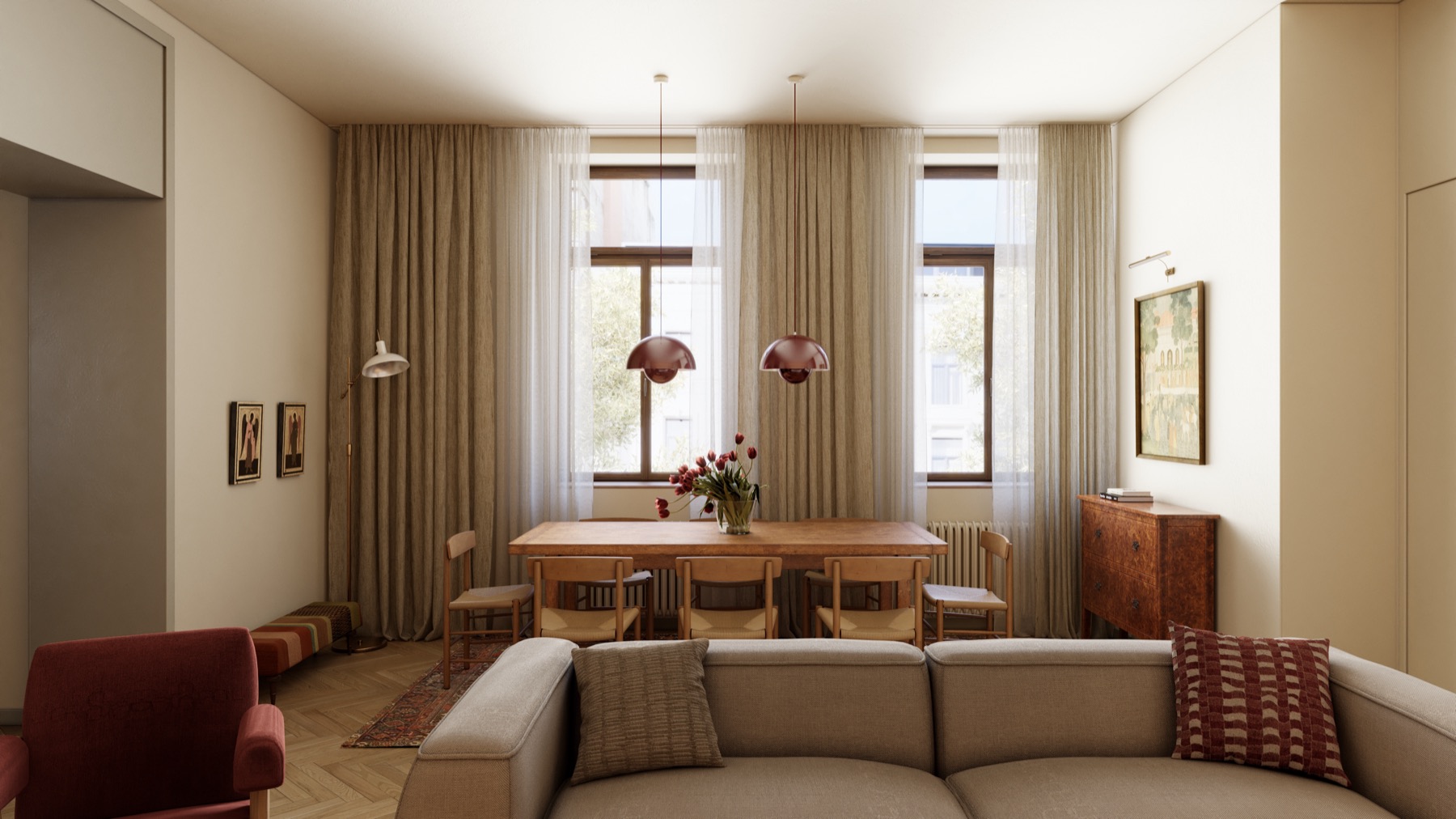Apartment in Gyumri — dining table beneath curtained windows
