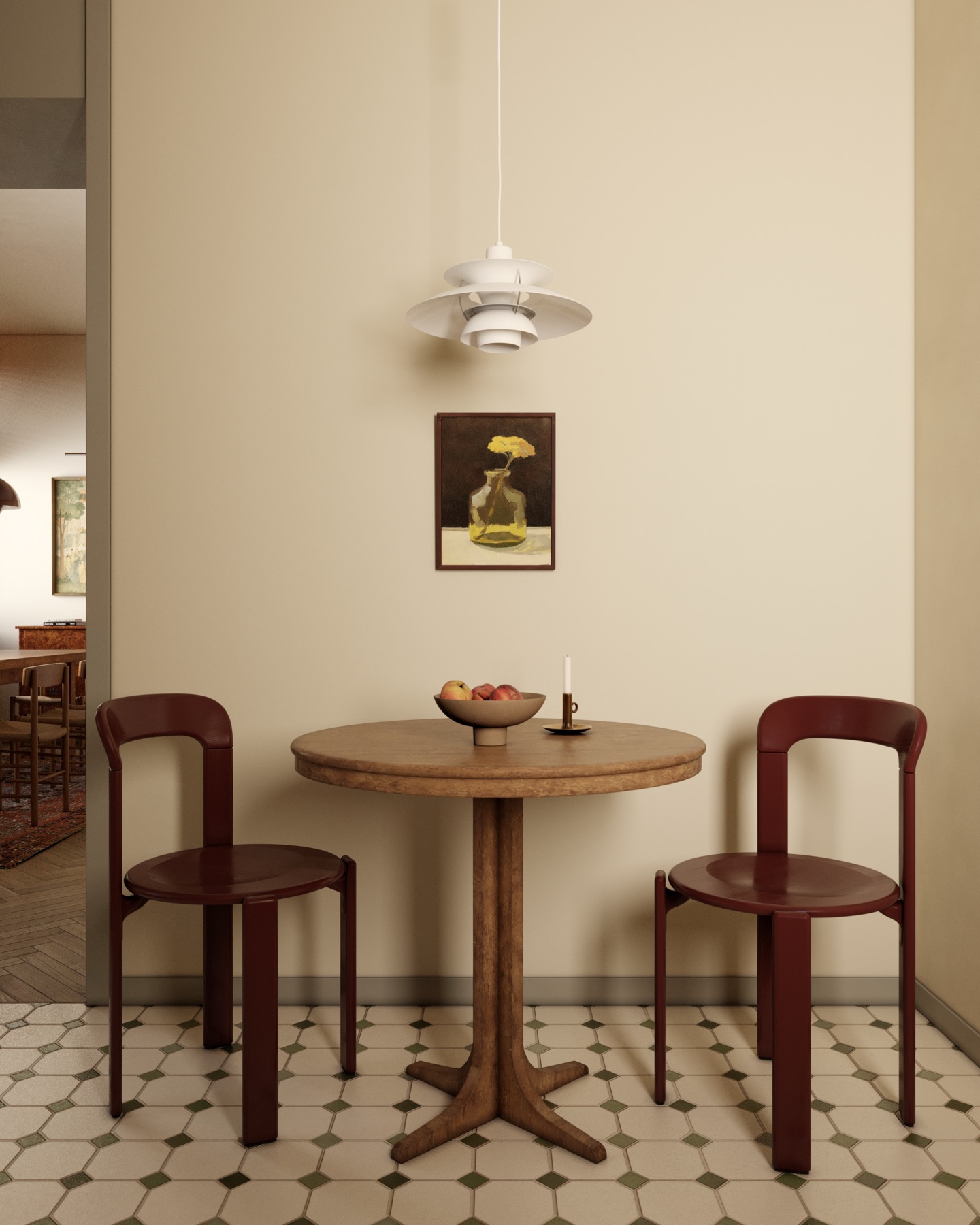 Apartment in Gyumri — round dining table with burgundy chairs
