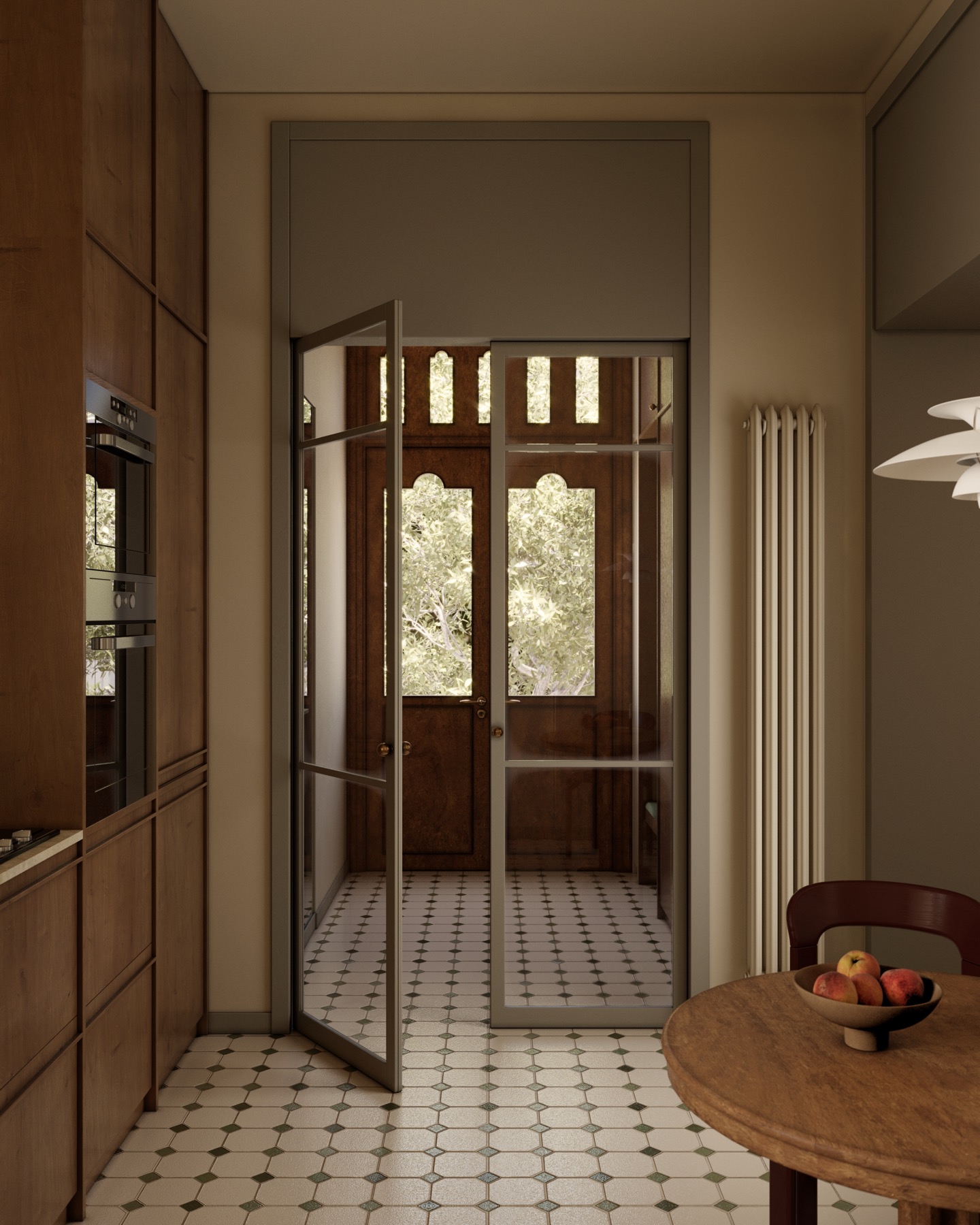 Apartment in Gyumri — kitchen entry with glazed door to the entrance hall