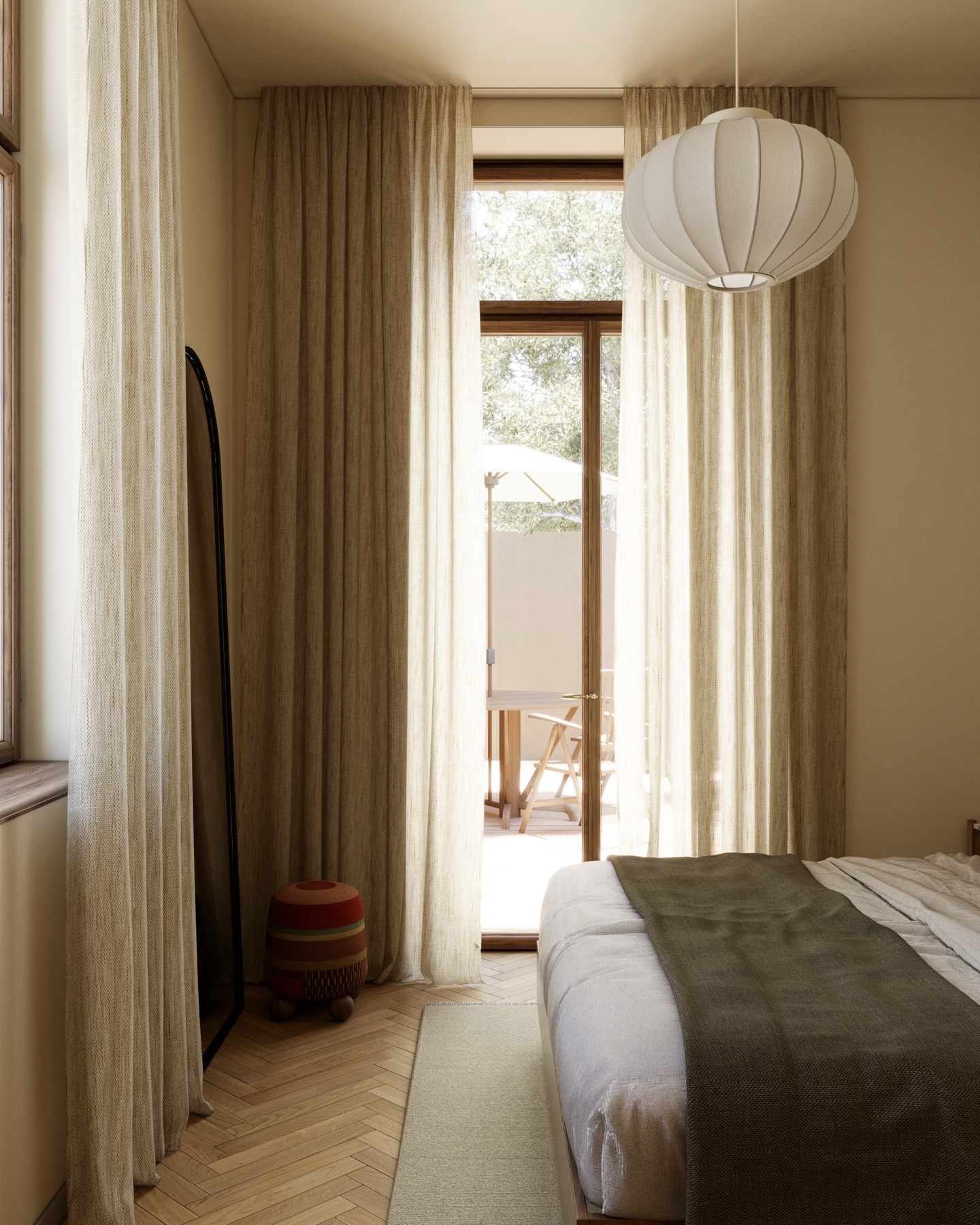 Apartment in Gyumri — bedroom with linen curtains and garden doorway