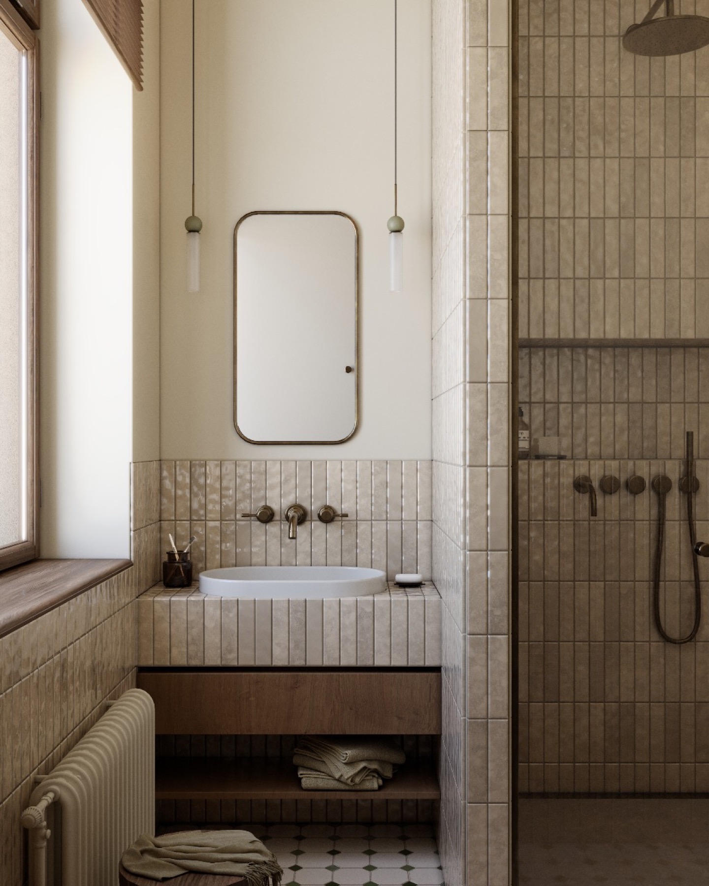 Apartment in Gyumri — bathroom vanity with oval mirror