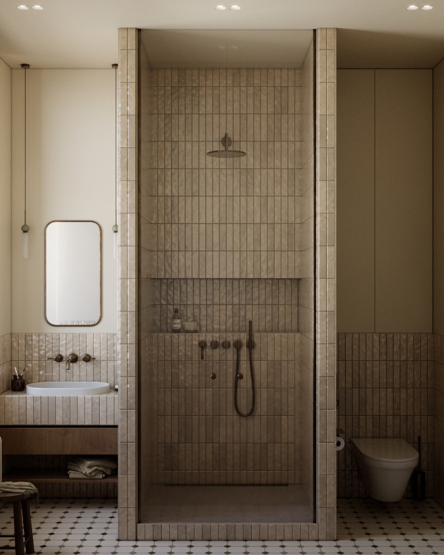 Apartment in Gyumri — tiled shower stall and powder room