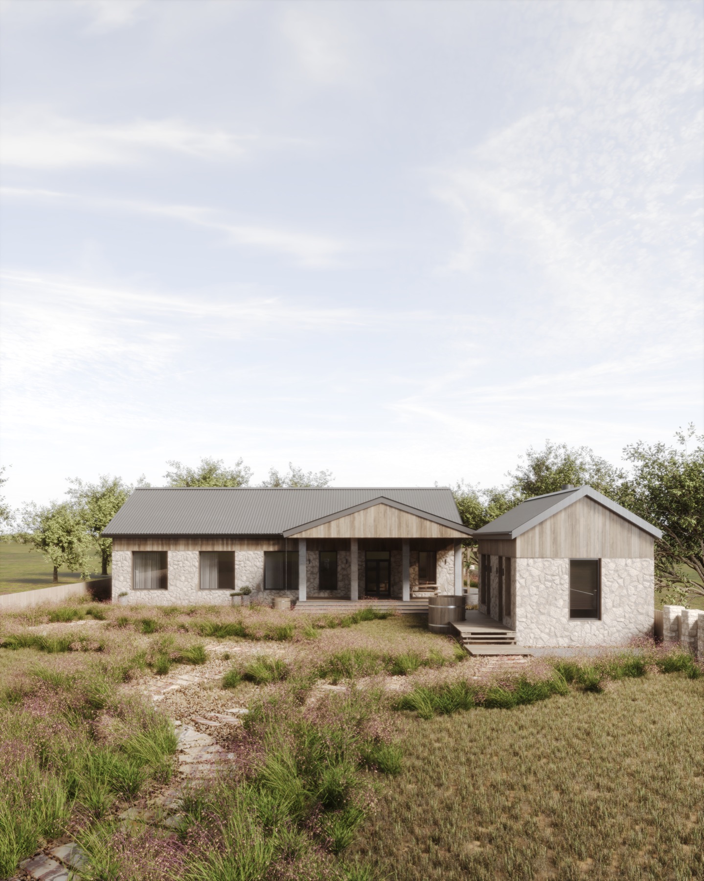 House in Astana — stone and timber house against open steppe