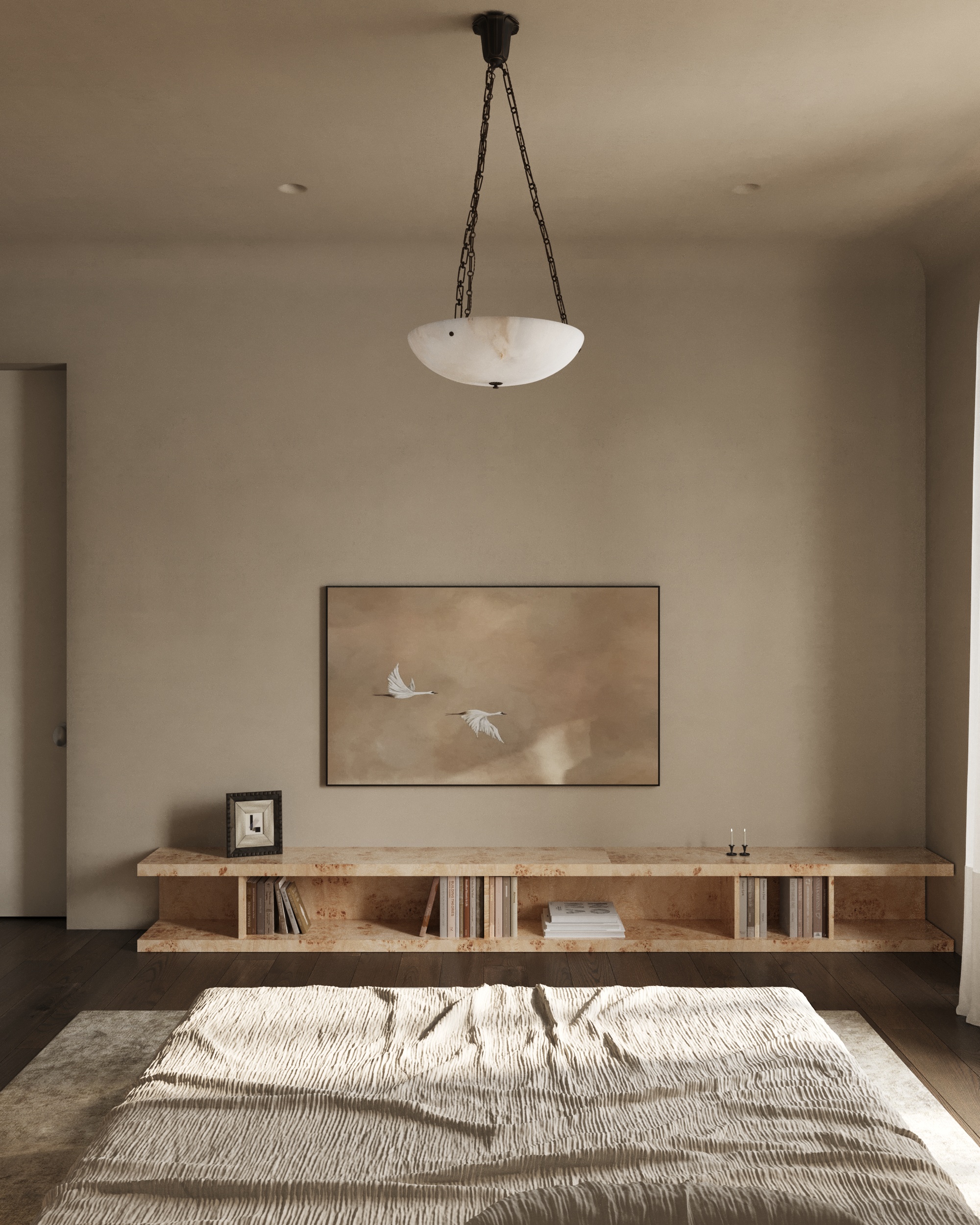 House in Astana — bedroom console with a crane painting above a floating bookshelf