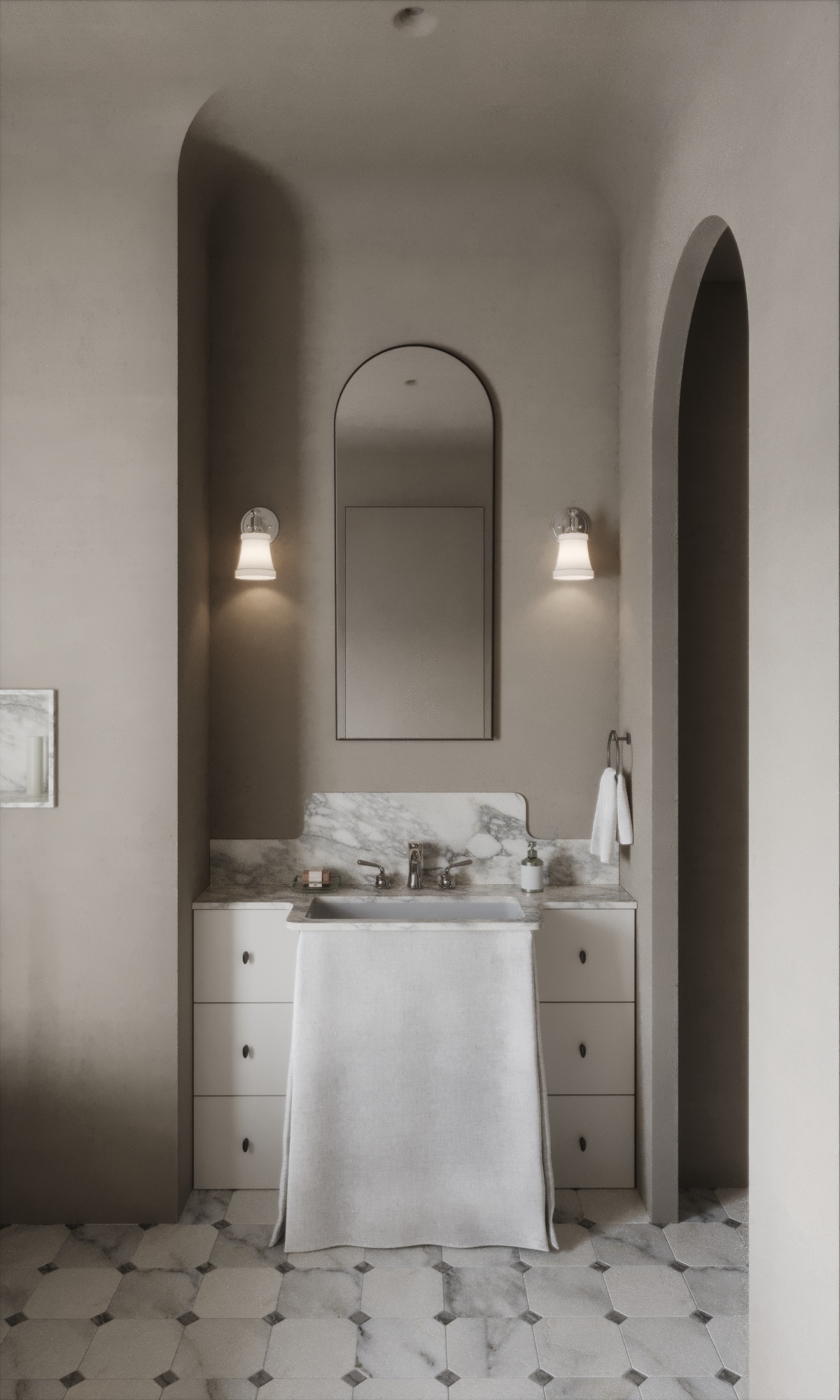 House in Astana — marble bathroom vanity beneath an arched mirror