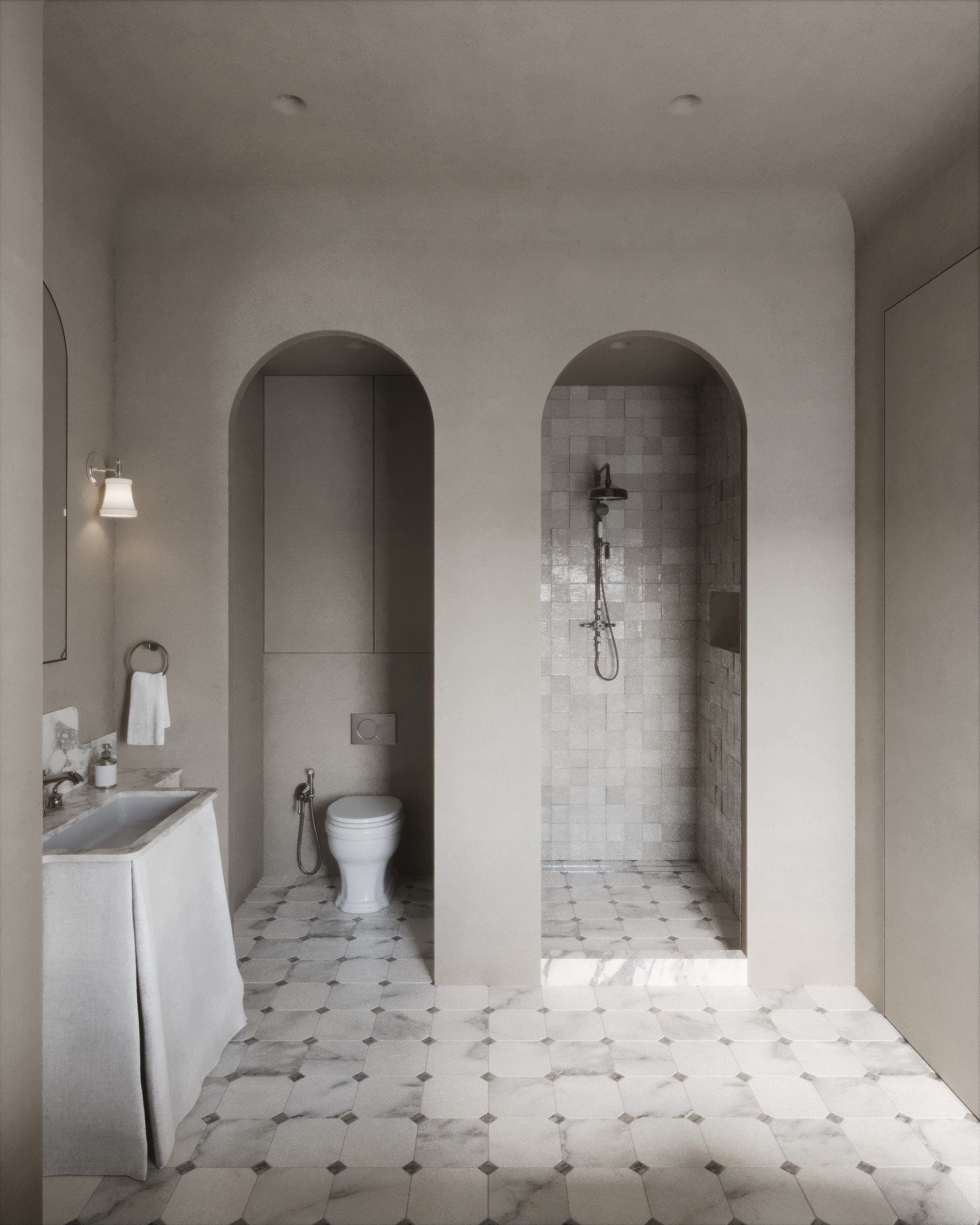 House in Astana — bathroom with arched niches for the toilet and shower