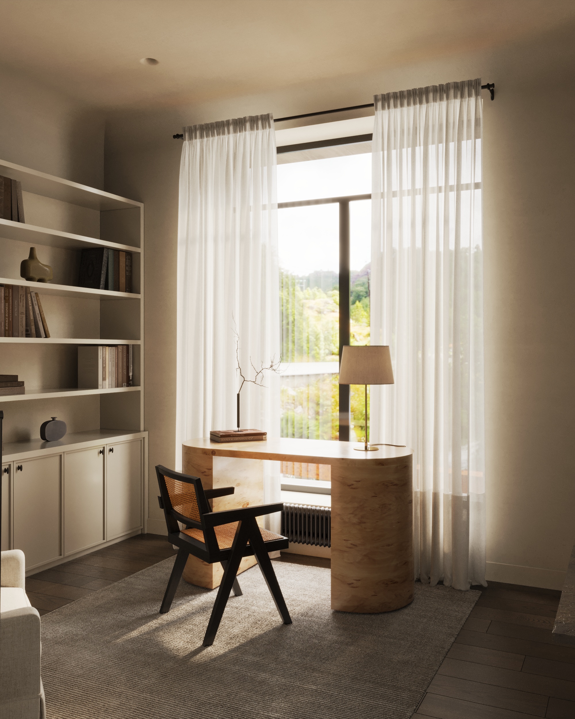 House in Astana — study nook with built-in bookshelves and a burl wood desk