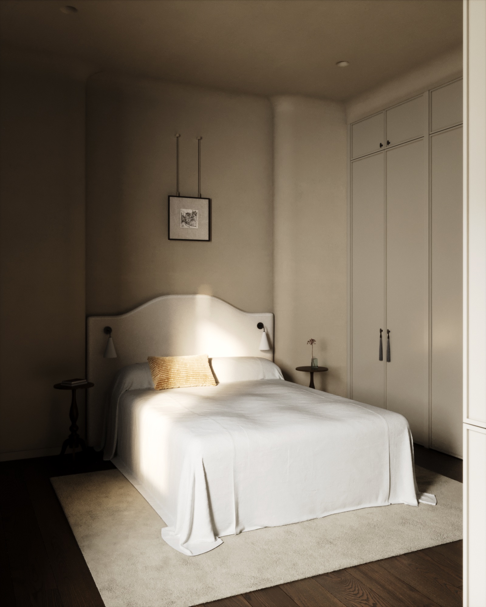 House in Astana — bedroom with upholstered headboard and built-in wardrobe