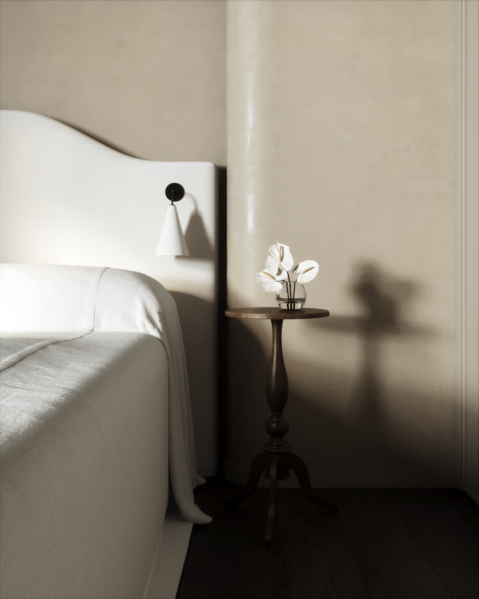 House in Astana — bedside table with anthurium flowers