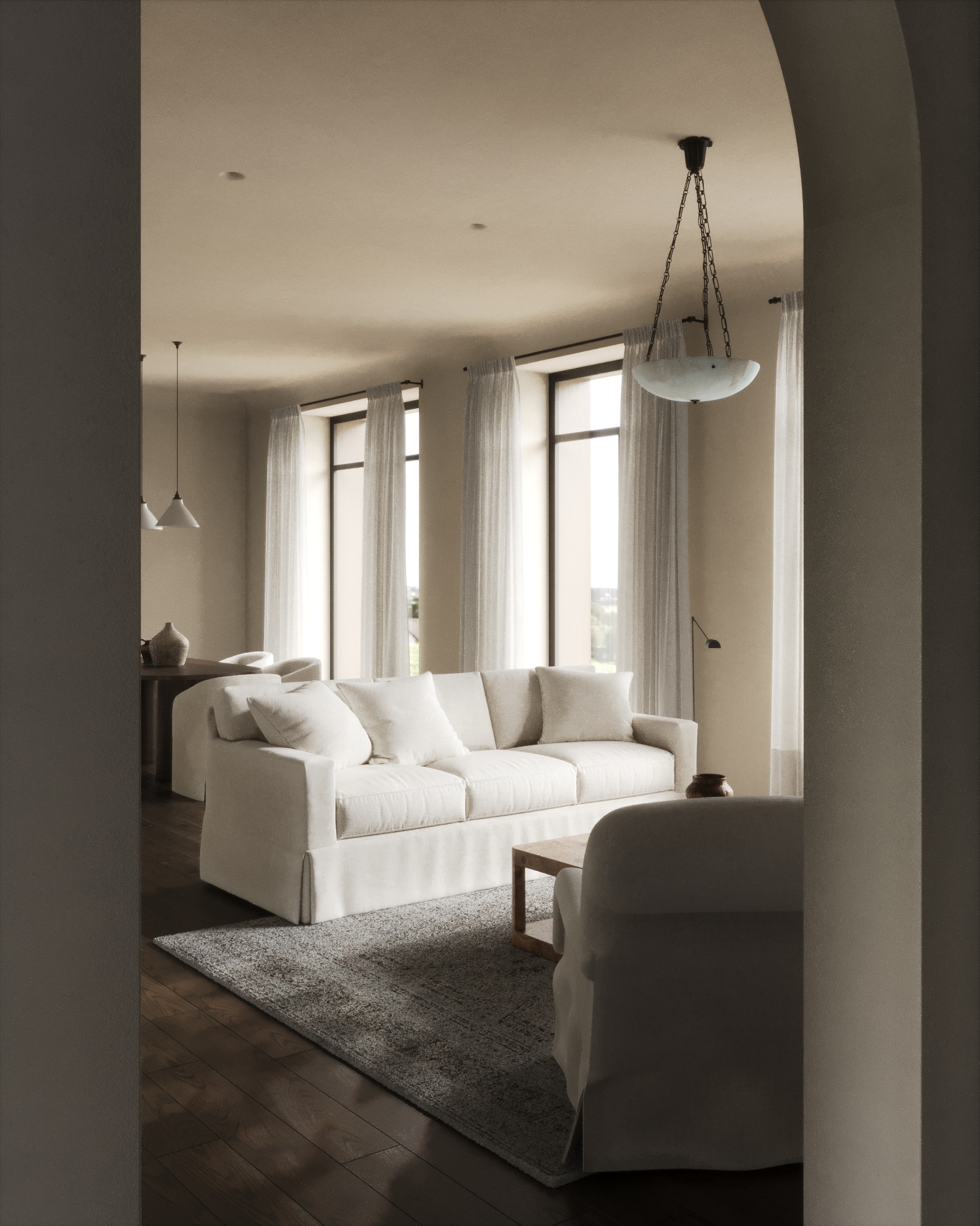 House in Astana — living room framed through an arched doorway