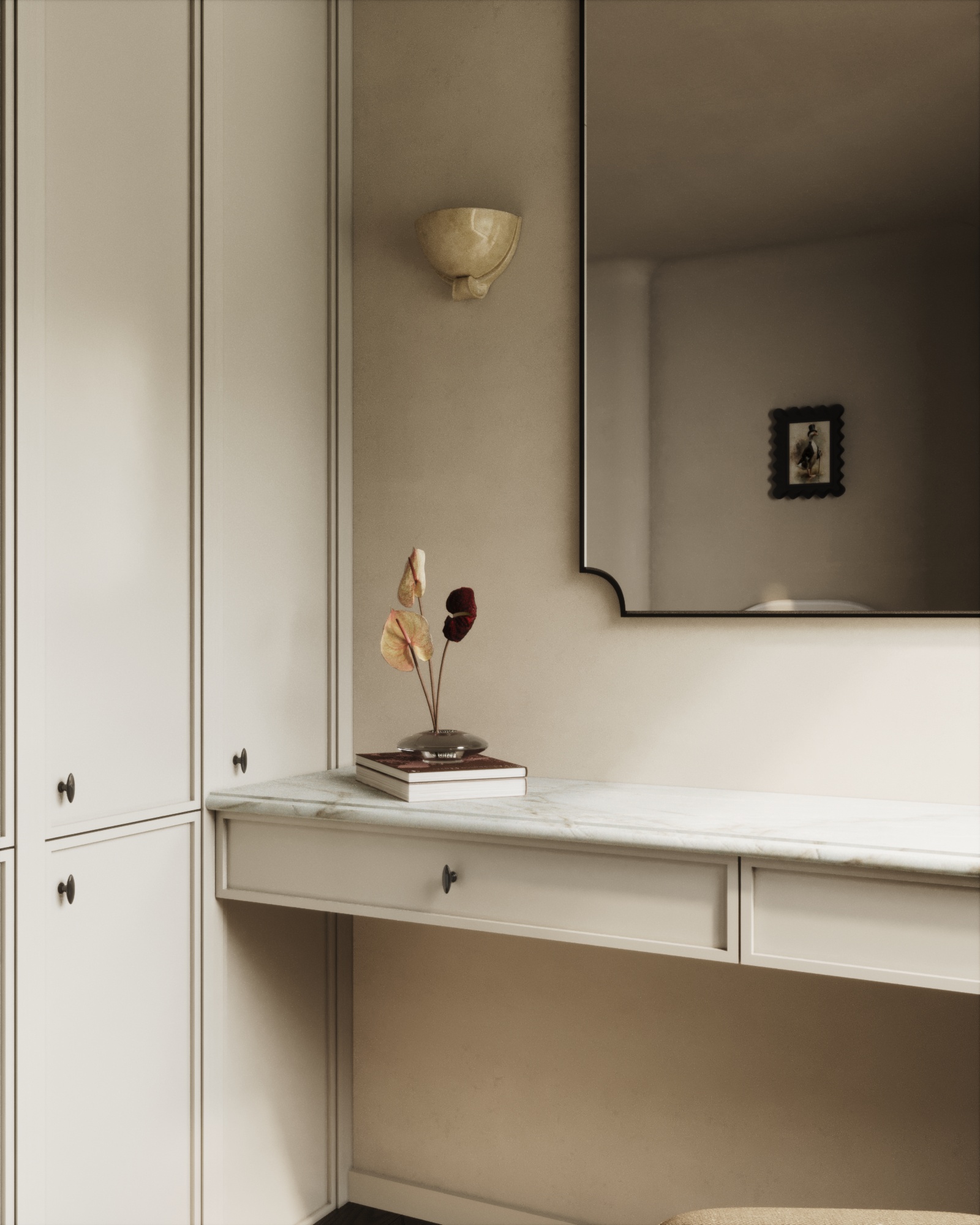 House in Astana — dressing nook with built-in bookshelves and a window seat