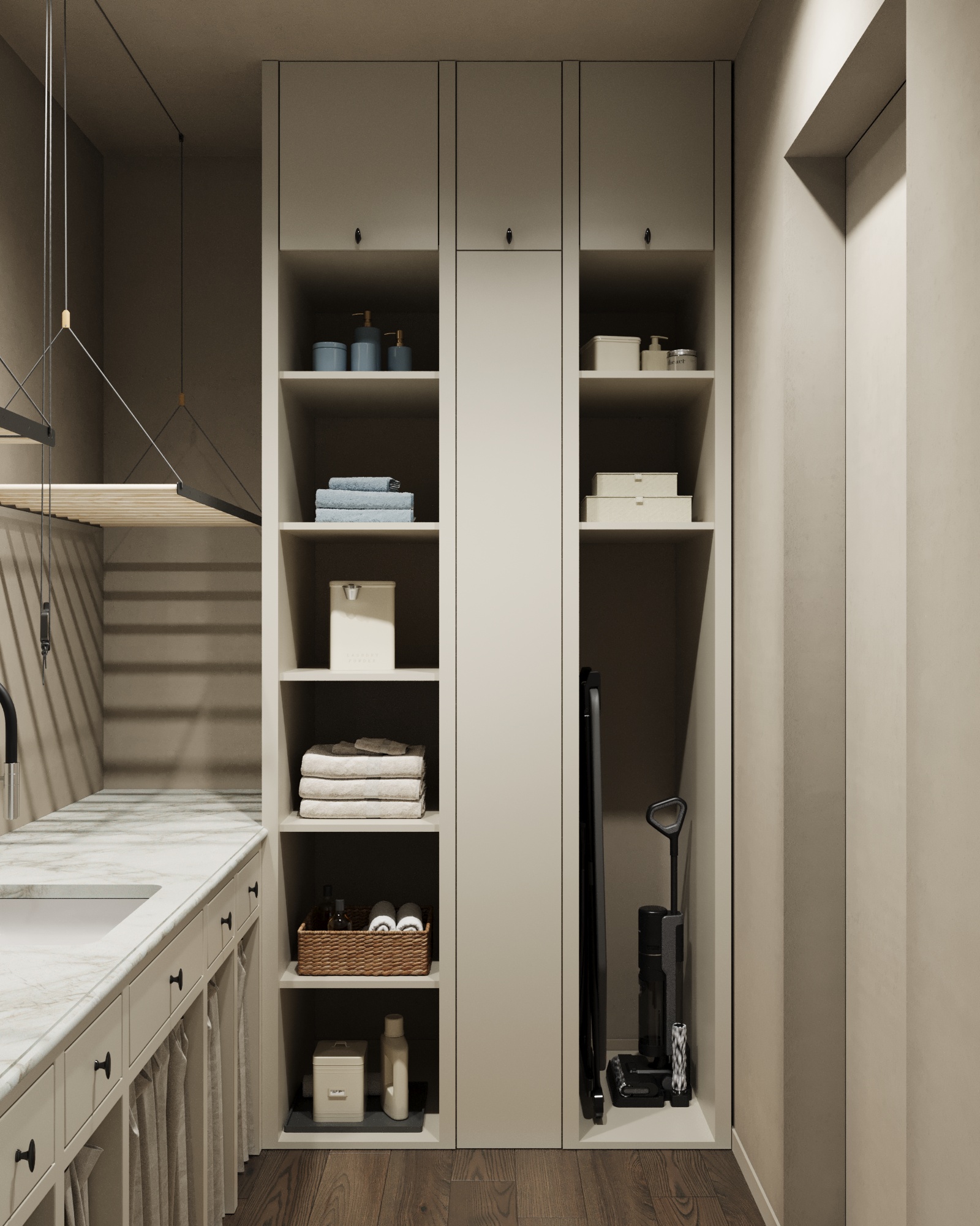 House in Astana — closet shelving with folded linens