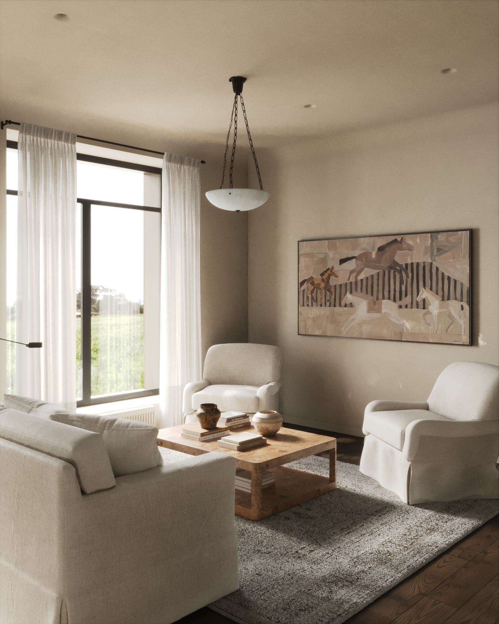 House in Astana — armchairs and coffee table beneath an equestrian painting