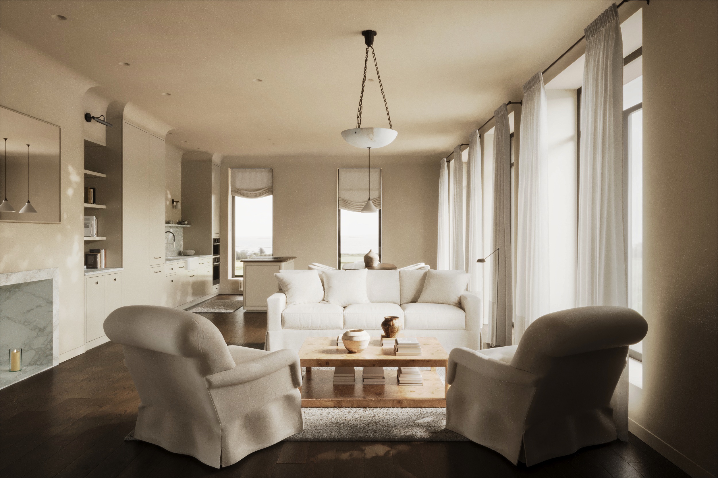 House in Astana — open-plan living room with fireplace, built-in shelving, and kitchen beyond