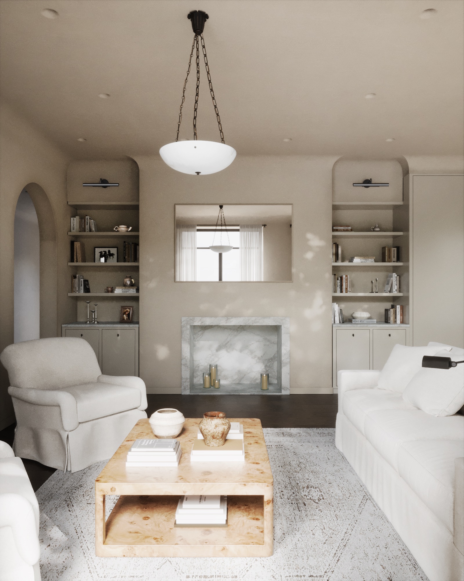 House in Astana — living room fireplace flanked by built-in bookshelves