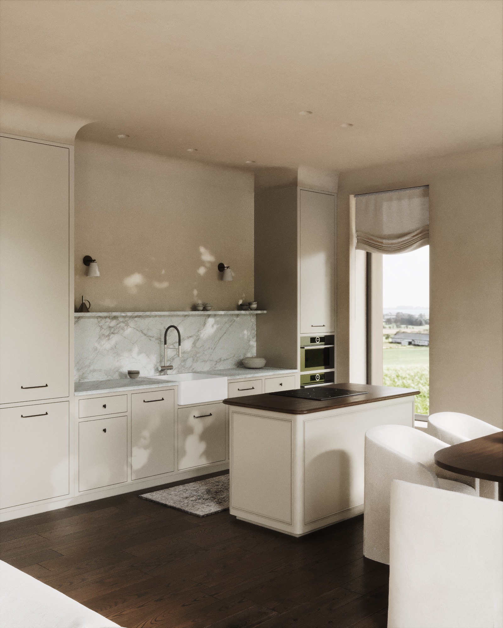 House in Astana — kitchen with marble backsplash and central island