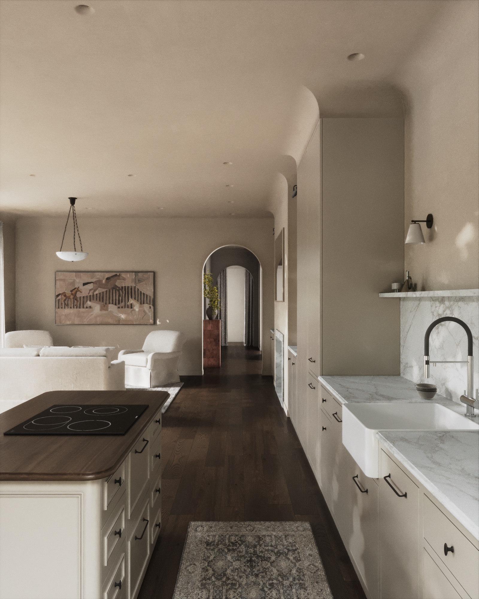 House in Astana — kitchen hallway opening to the living room through an arched doorway