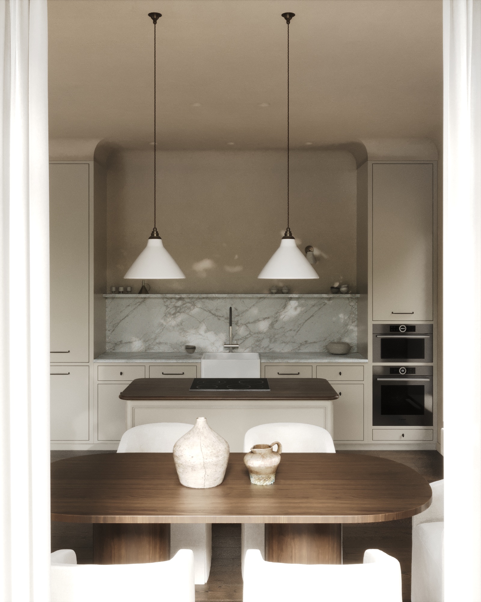 House in Astana — kitchen seen through an archway with a dining table in the foreground