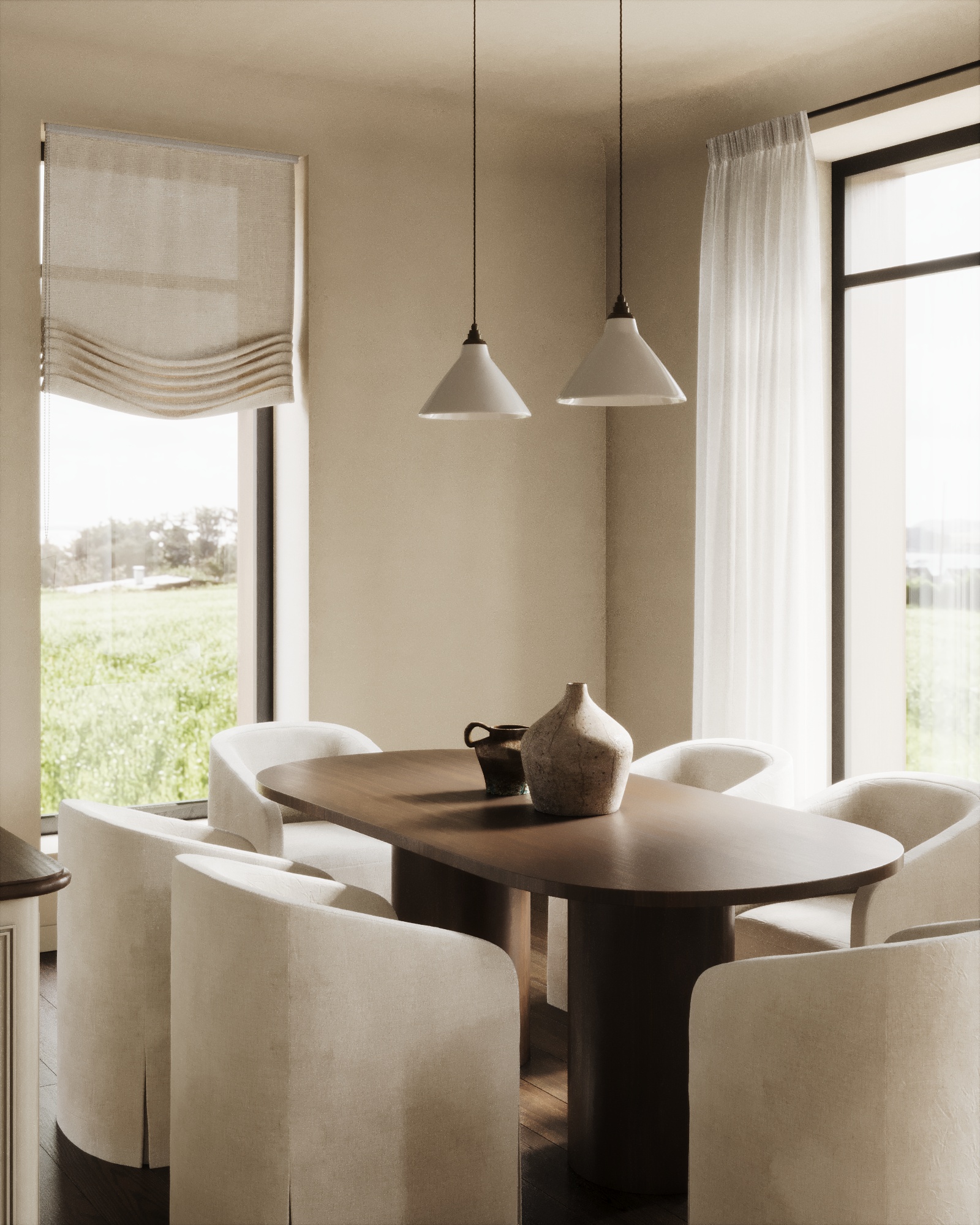 House in Astana — breakfast nook with an oval table and barrel chairs